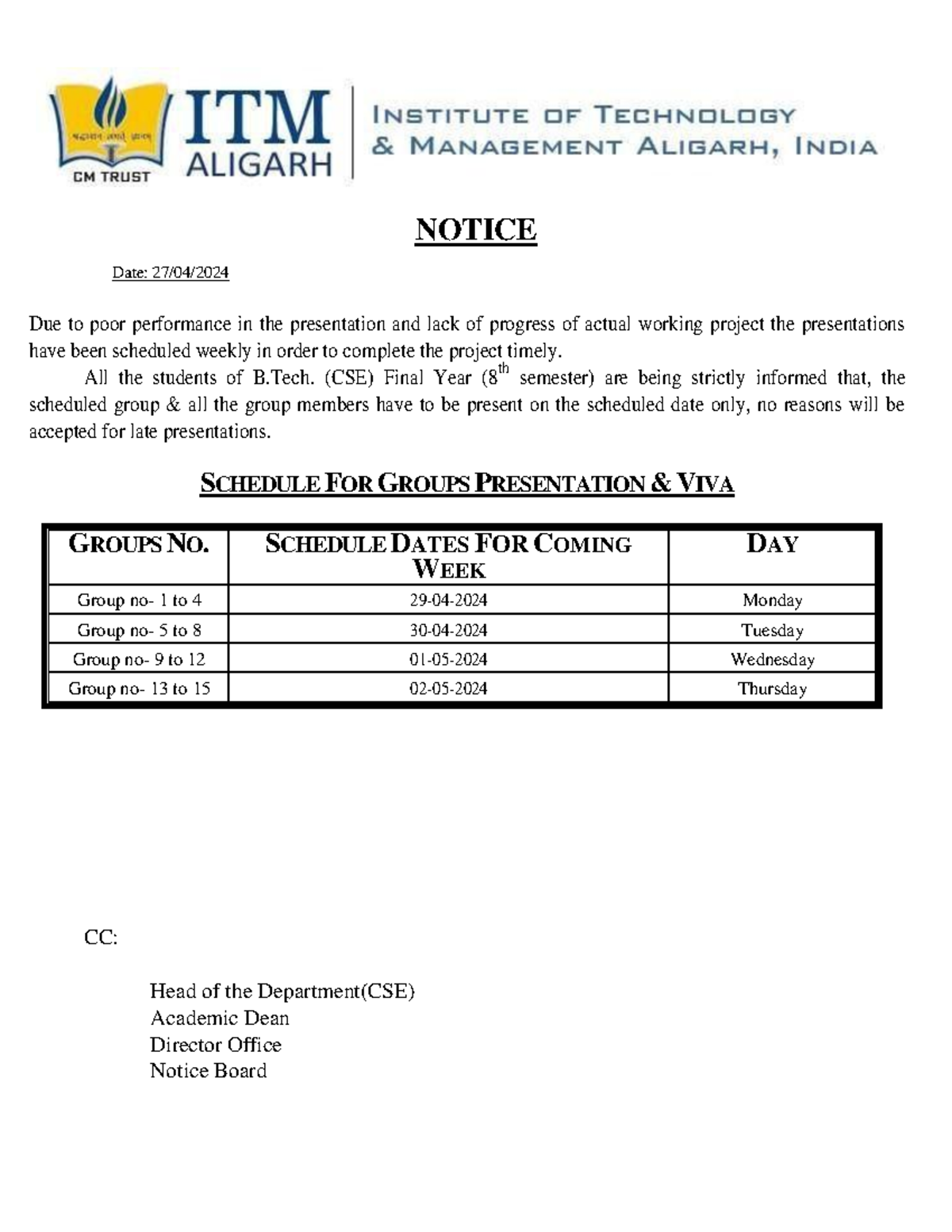 Notice for Major Project - Date: 27/04/ NOTICE Due to poor performance ...