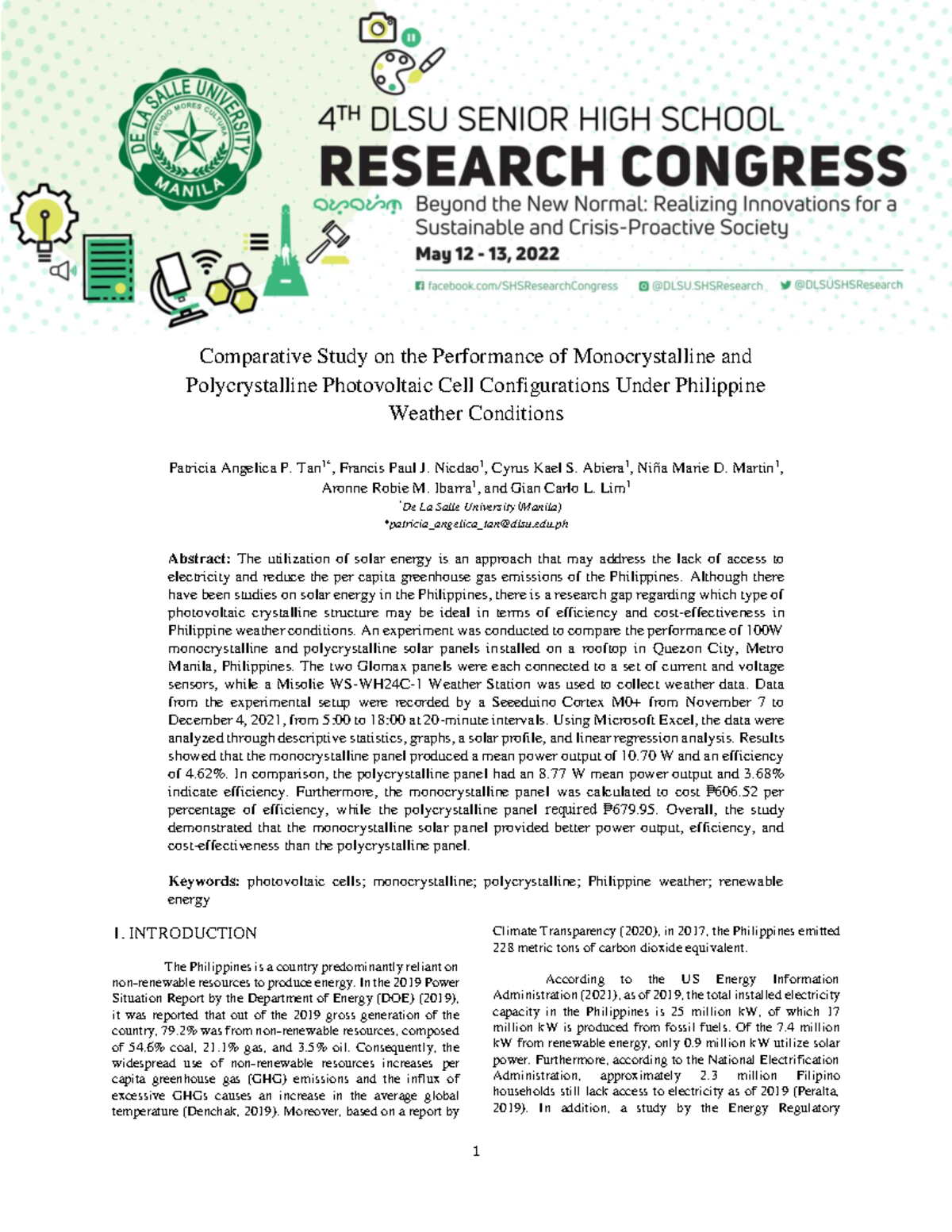 Comparative Study on the Performance of Monocrystalline and Polyc 1 ...