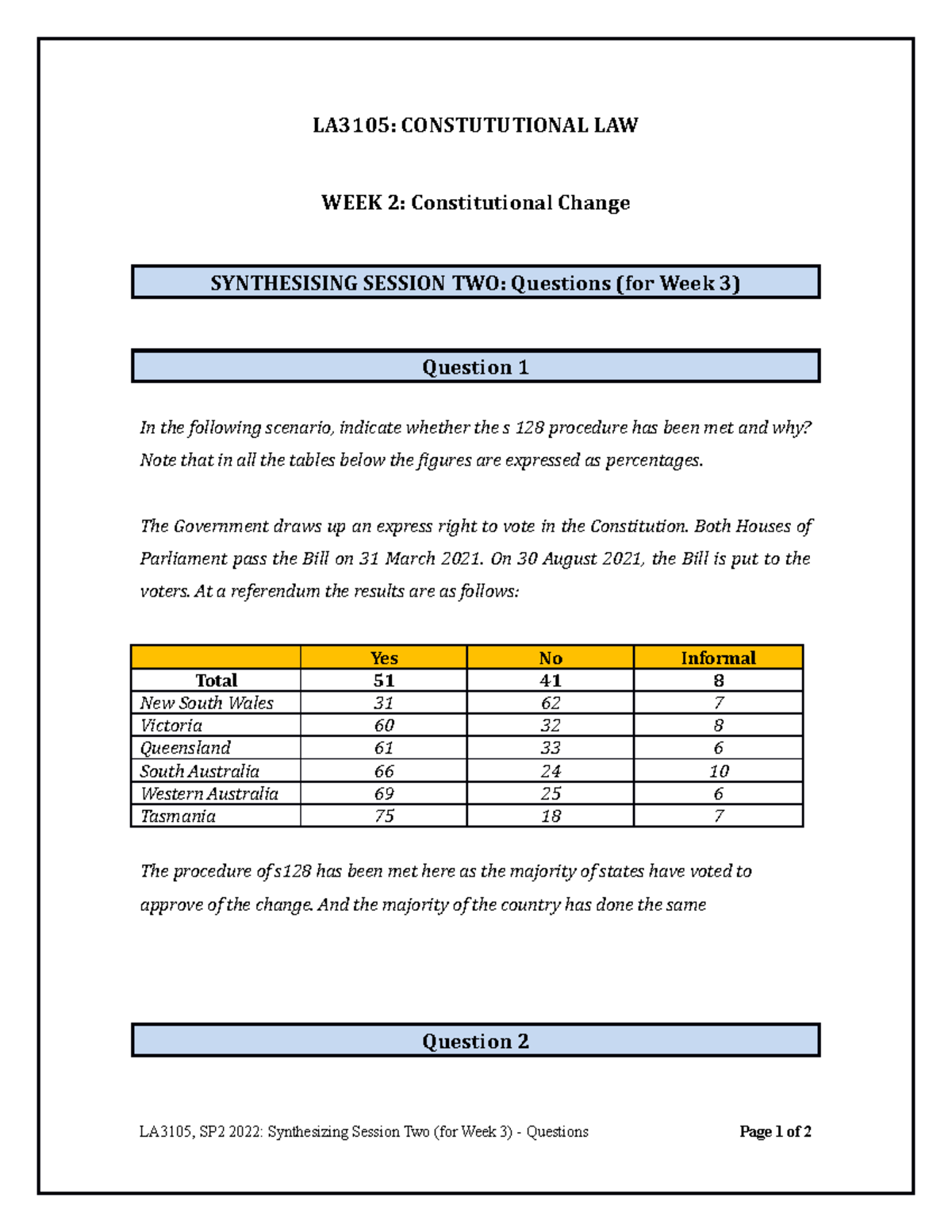Constitutional law tute 2 - LA3105: CONSTUTUTIONAL LAW WEEK 2 ...