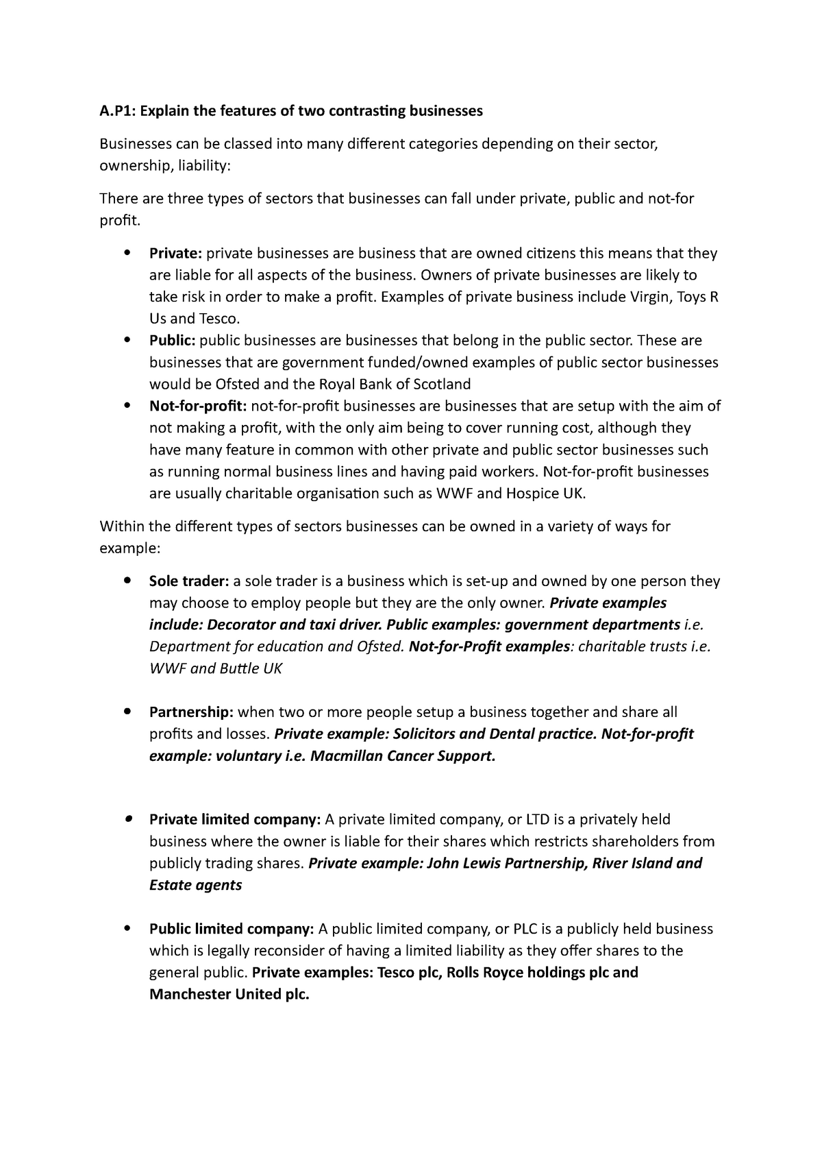 Business BTEC Unit 1 Learning Aim A & B - A: Explain The Features Of ...