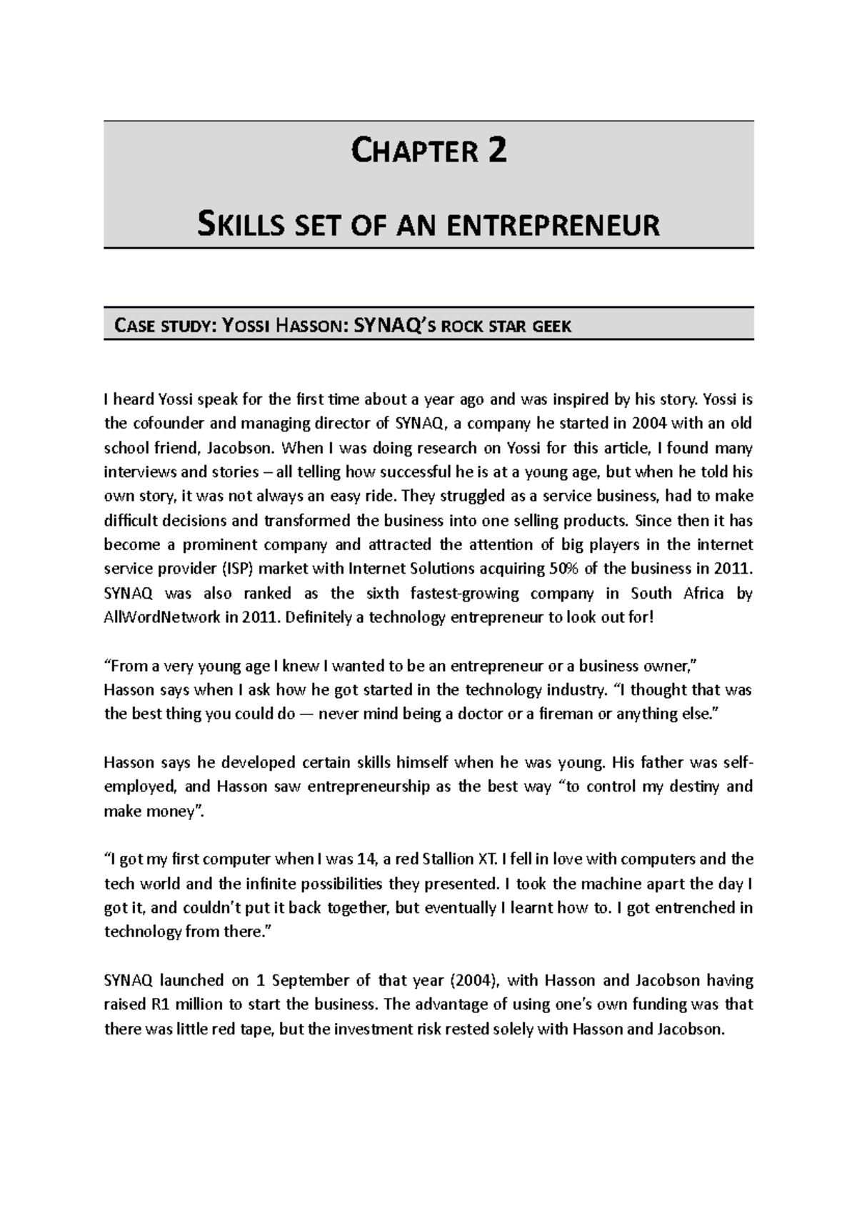 Chapter 2 Exercise - CHAPTER 2 SKILLS SET OF AN ENTREPRENEUR CASE STUDY ...