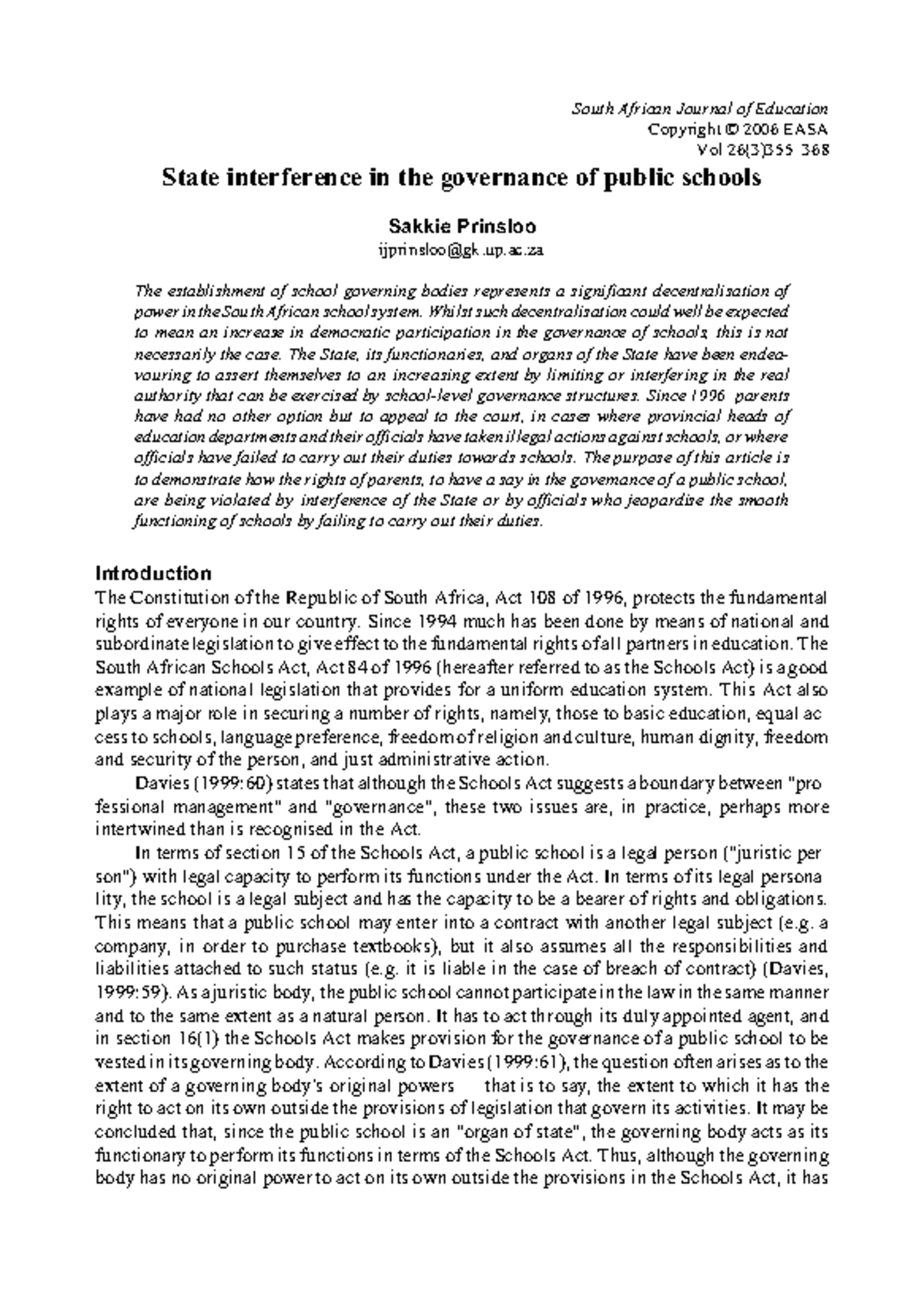 State intereference with government schools - South African Journal of ...