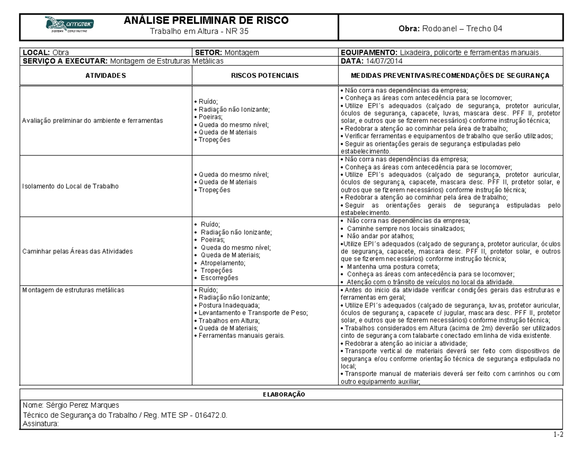Apr Trabalho Em Altura AnÁlise Preliminar De Risco Trabalho Em Altura Nr 35 Obra Rodoanel 0701