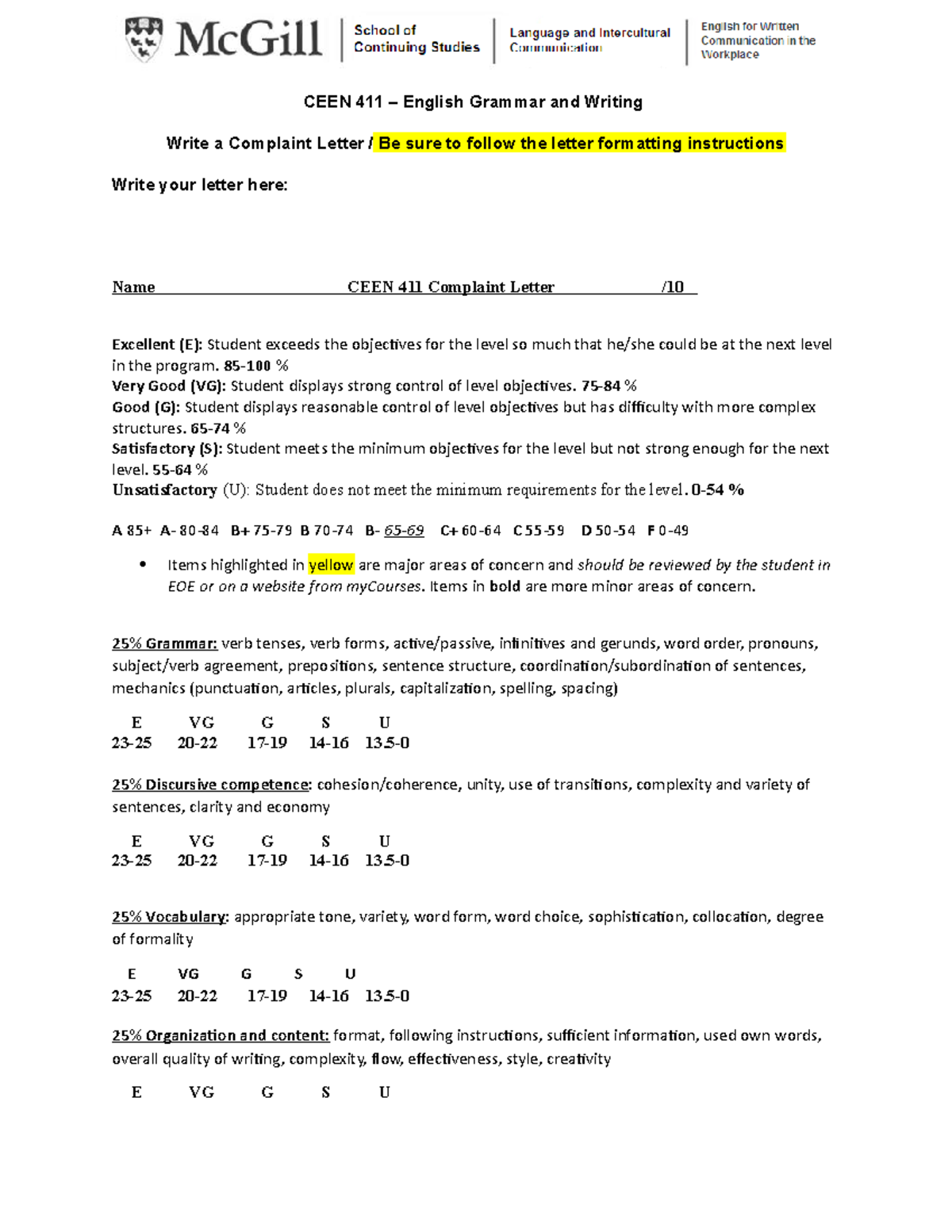 Complaint Letter Assignment Form - CEEN 411 – English Grammar and ...