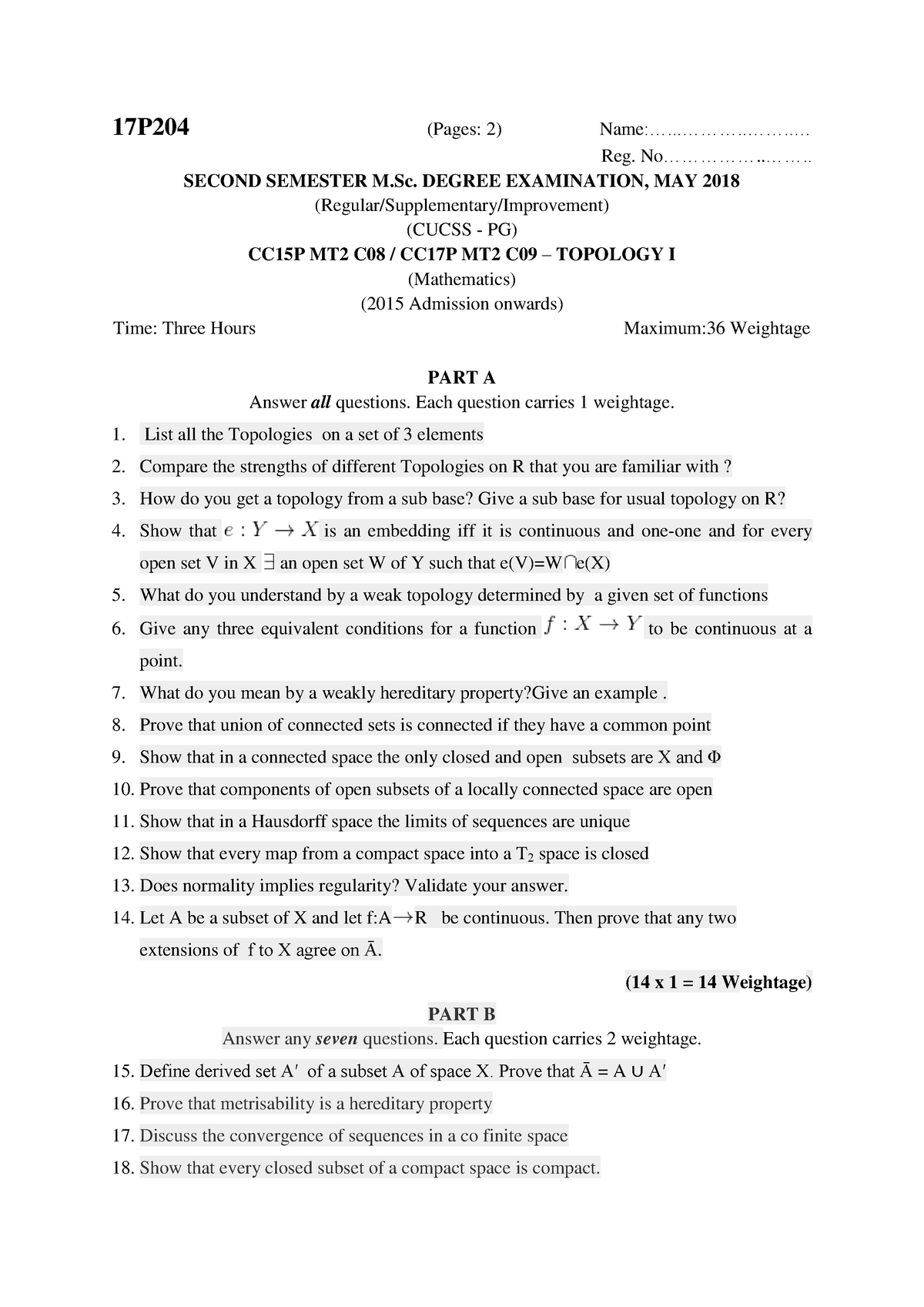 MT2 Topology I - Question paper - 17P204 (Pages: 2) Name ...