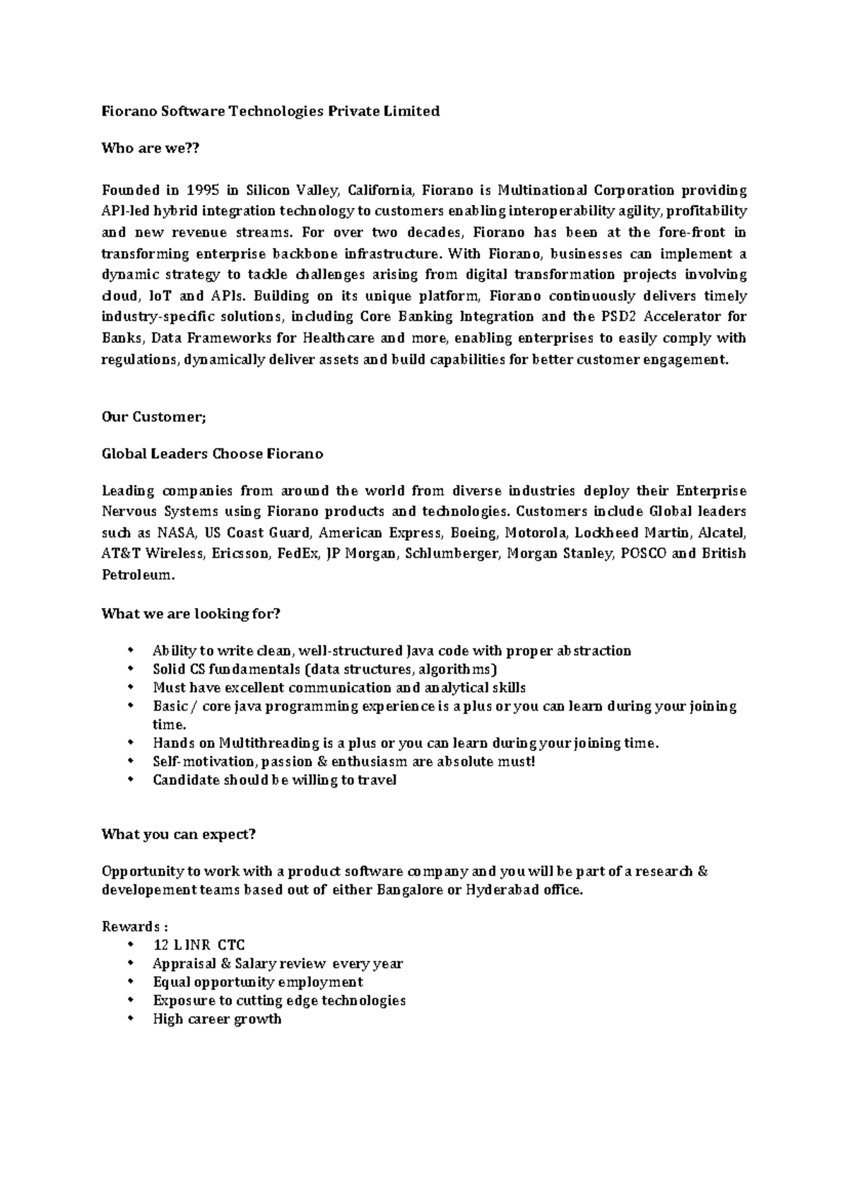 JD for Software Engineer freshers Fiorano Software - Fiorano Software ...