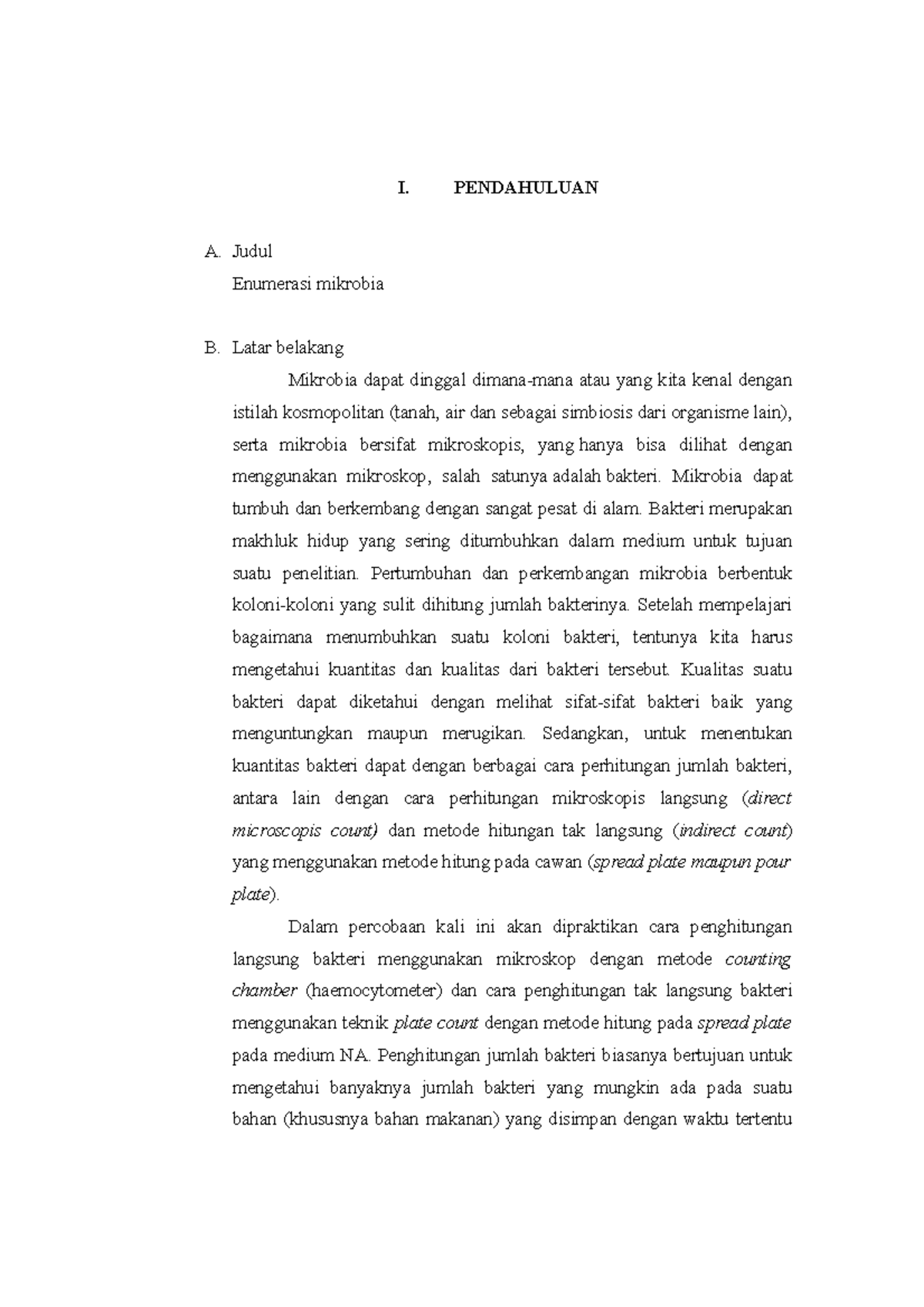 Laporan Mikrobiologi Enumerasi Bakteri p - I. PENDAHULUAN A. Judul ...