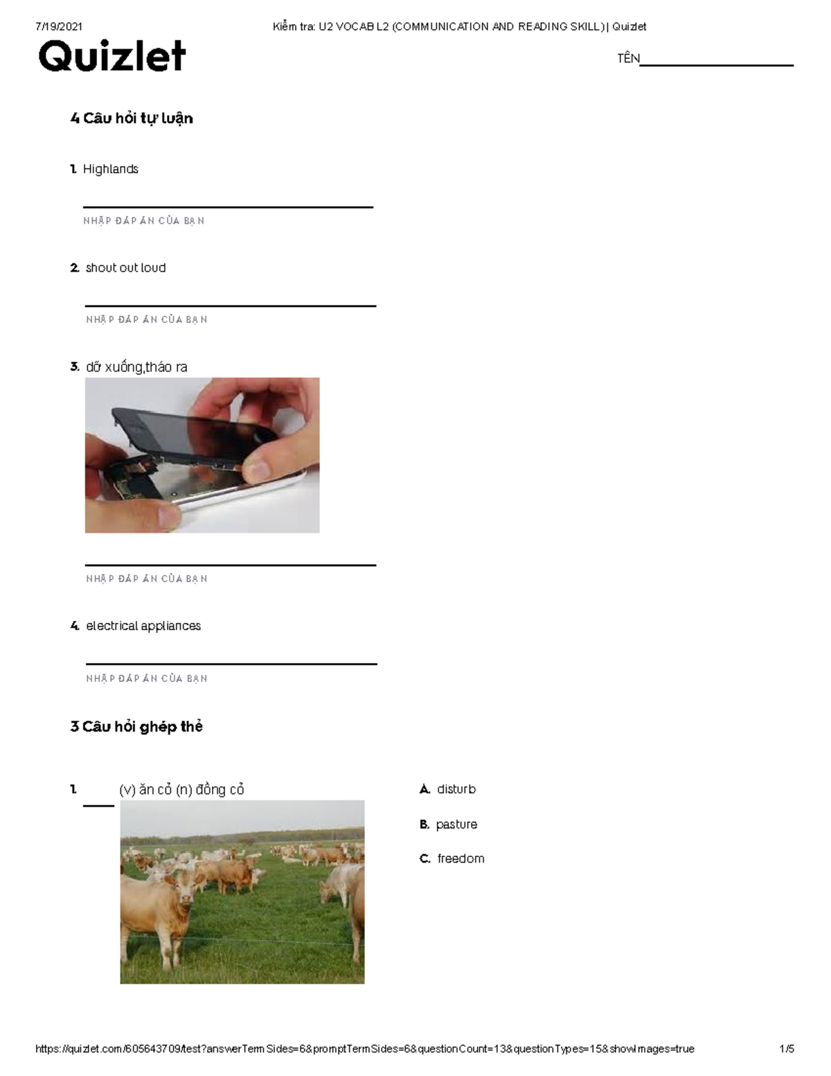 Kiểm tra U2 Vocab L2 ( Communication AND Reading Skill) Quizlet 1 4