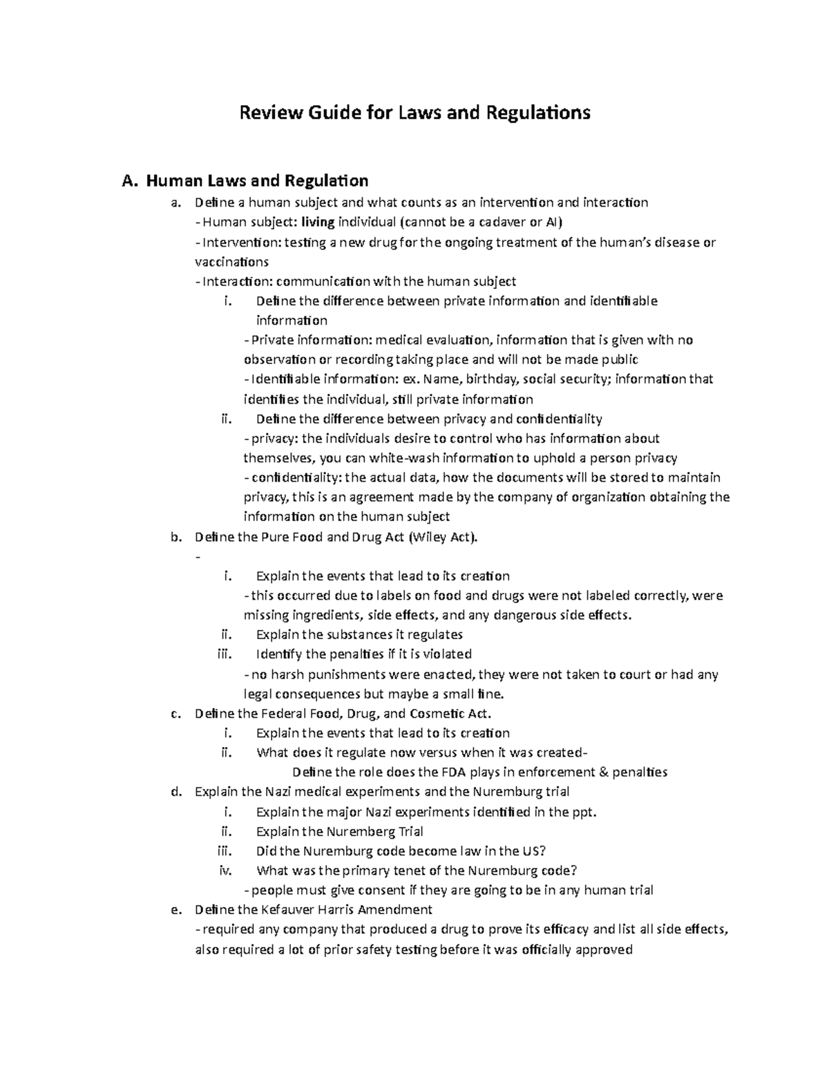 Review Guide for Laws and Regulations Human Laws and Regulation a