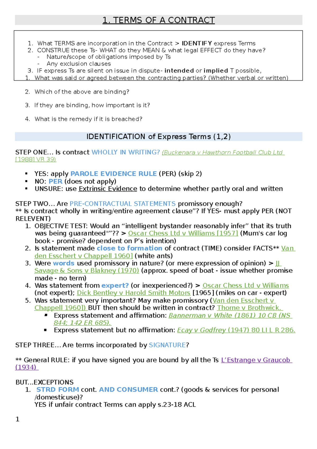 Contract Law Exam Notes - 1. TERMS OF A CONTRACT What was said or ...