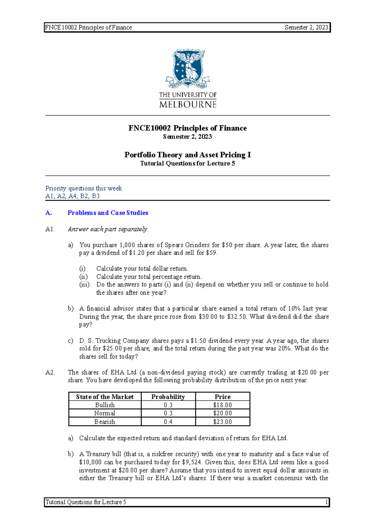 Tutorial 05 with solutions - FNCE10002 Principles of Finance Semester 2 ...