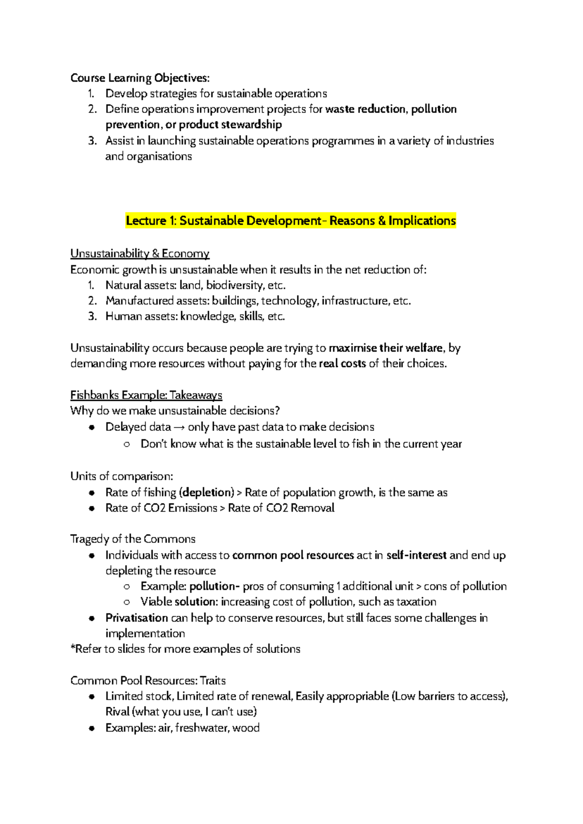 Opim318 Notes Lect 1 and 2 - Course Learning Objectives: 1. Develop ...