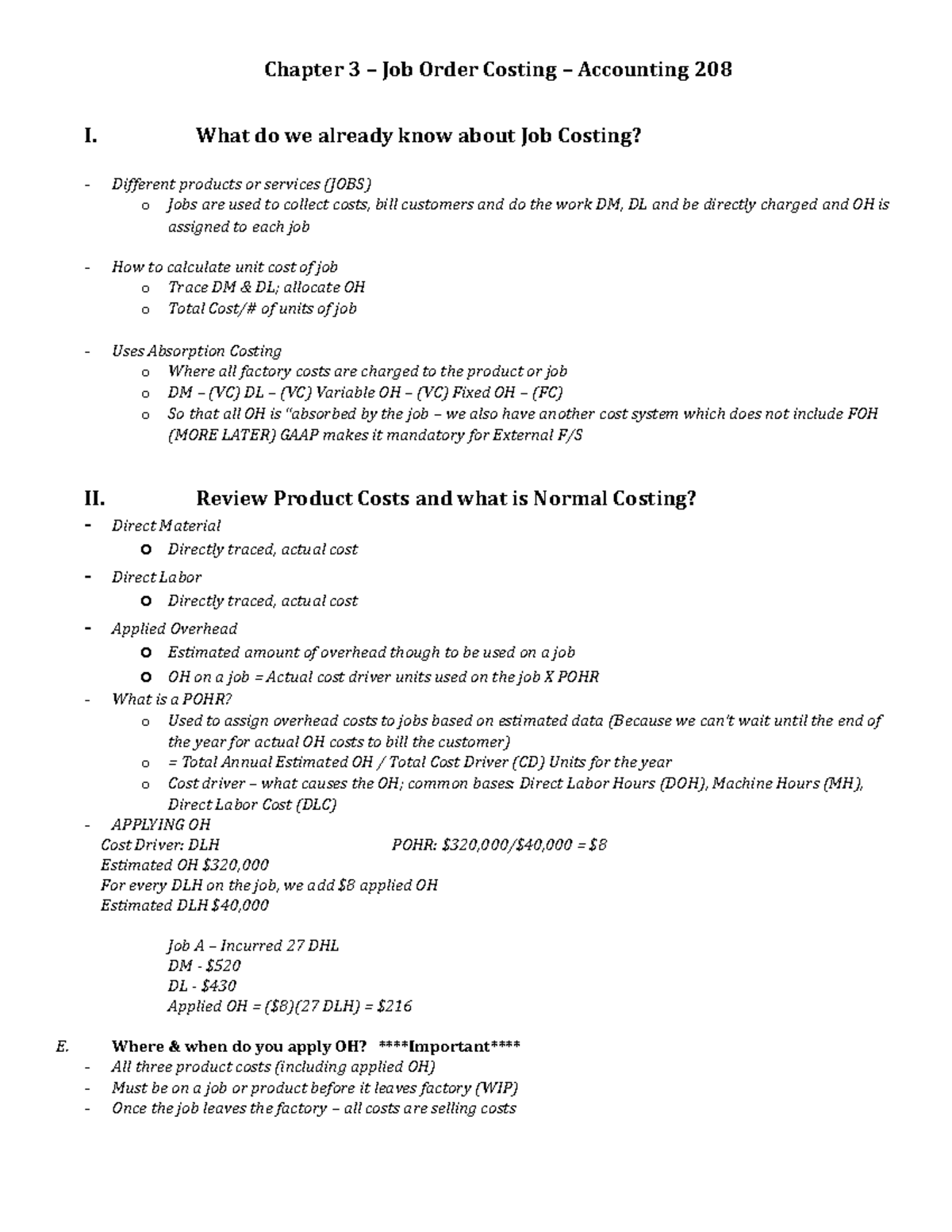 Chapter 3 Notes - Chapter 3 – Job Order Costing – Accounting 208 I ...