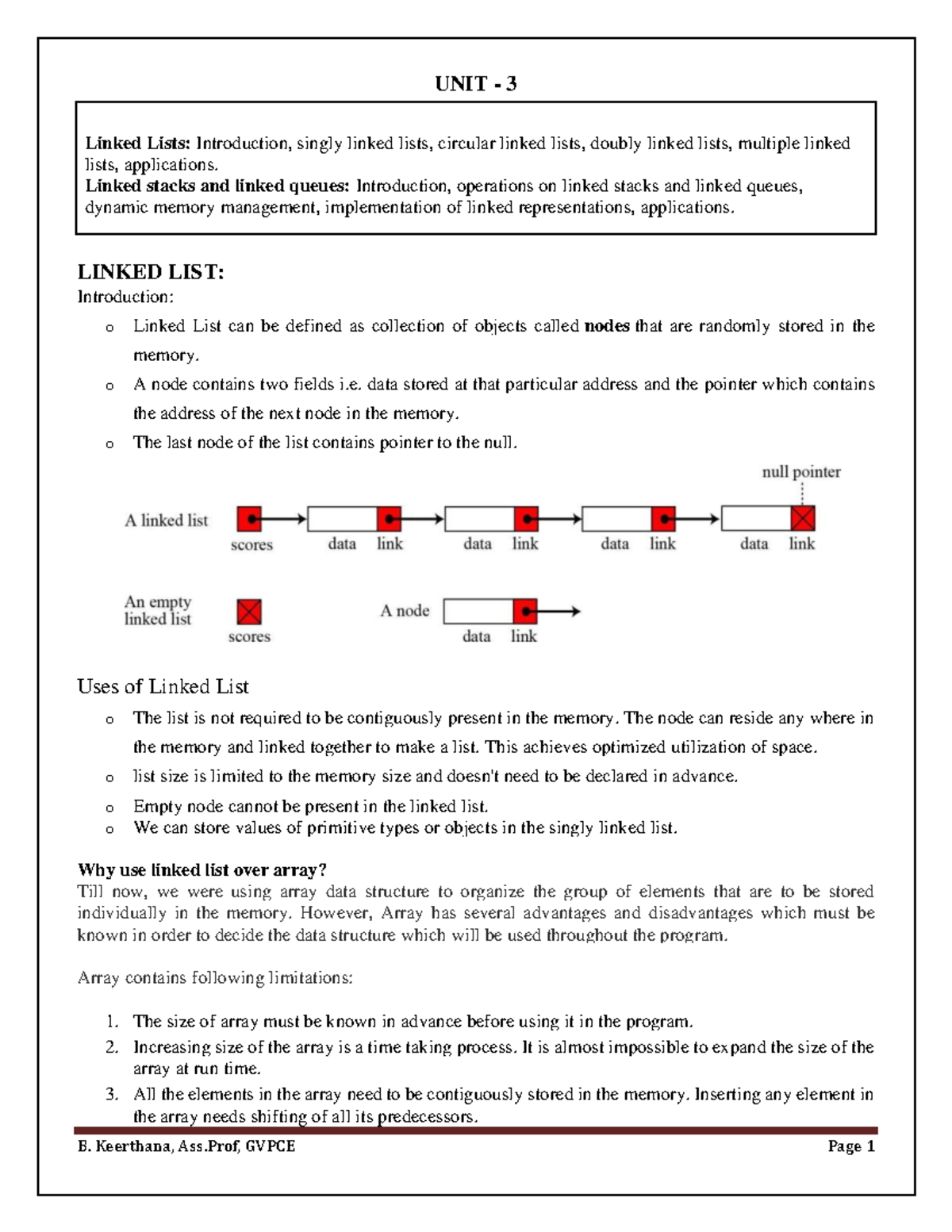 Unit 3 - notes - UNIT - 3 LINKED LIST: Introduction: o Linked List can ...