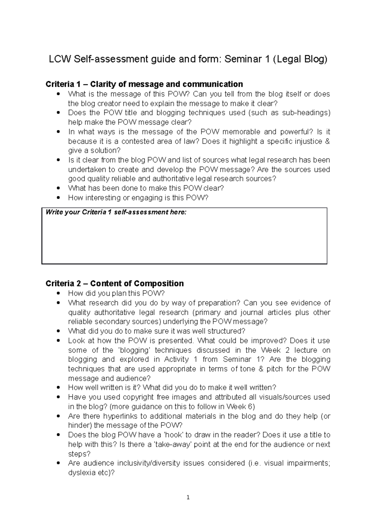 LCW 2023-24 Seminar 1 Self-assessment guide and form - LCW Self ...