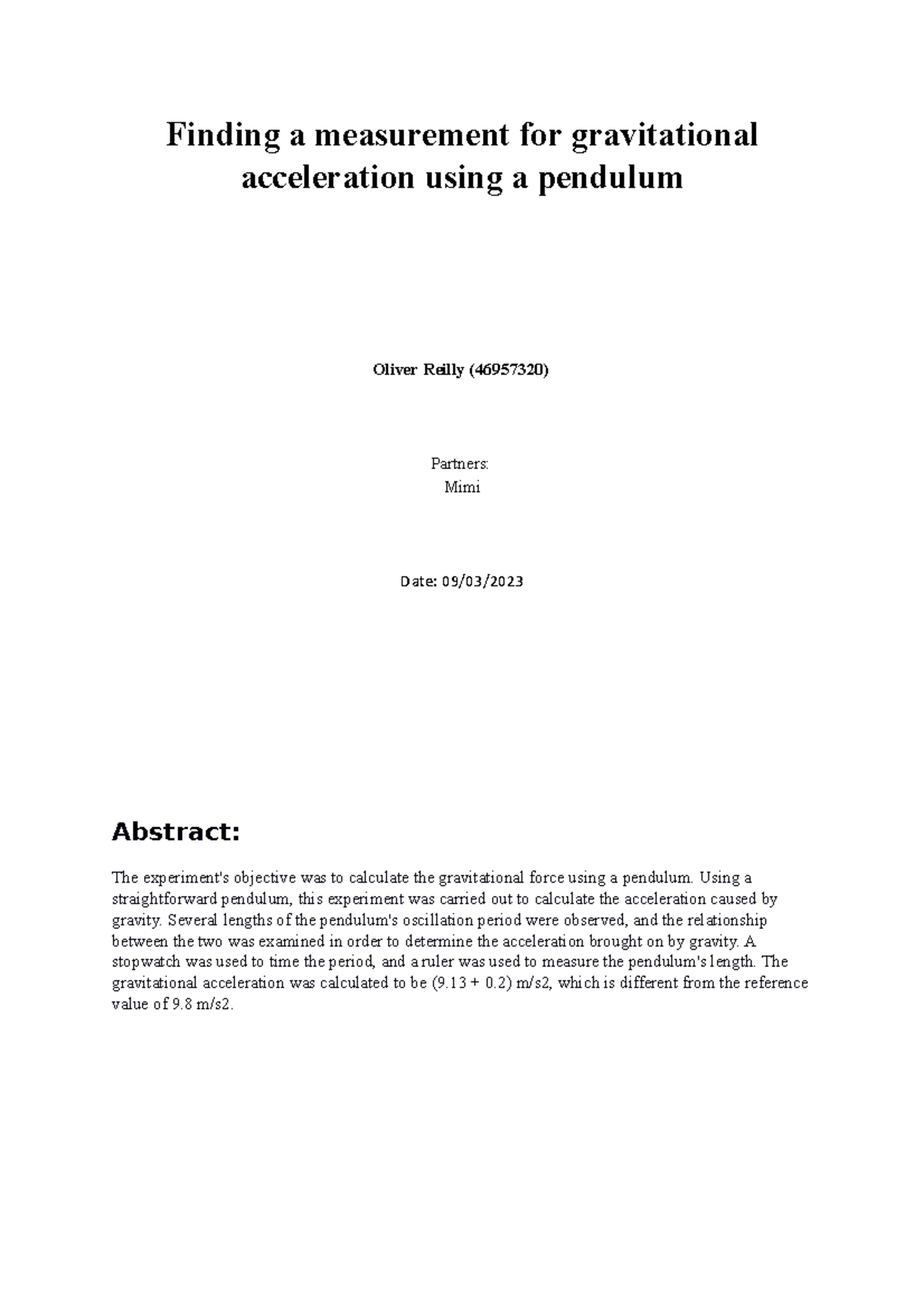 Phys111 Phys101 Lab Report Finding A Measurement For Gravitational Acceleration Using A 4036