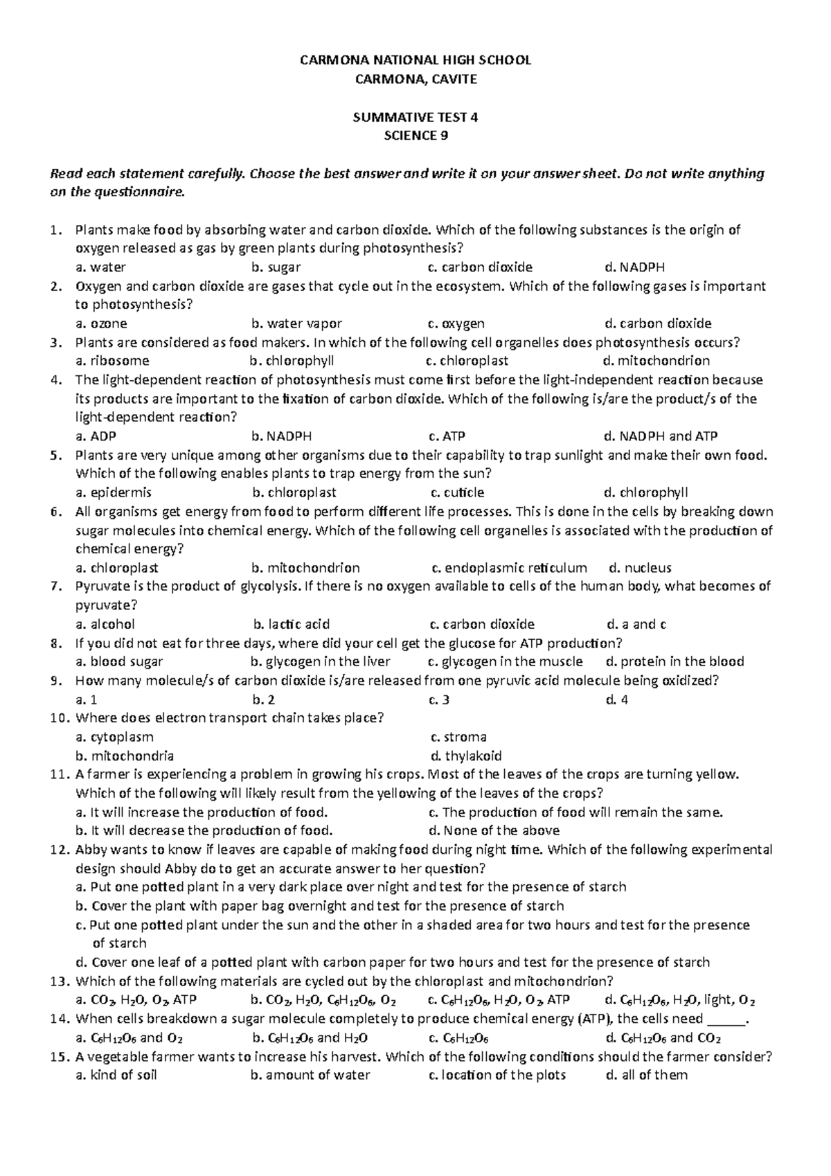 ST U1 M4 test questions CARMONA NATIONAL HIGH SCHOOL CARMONA