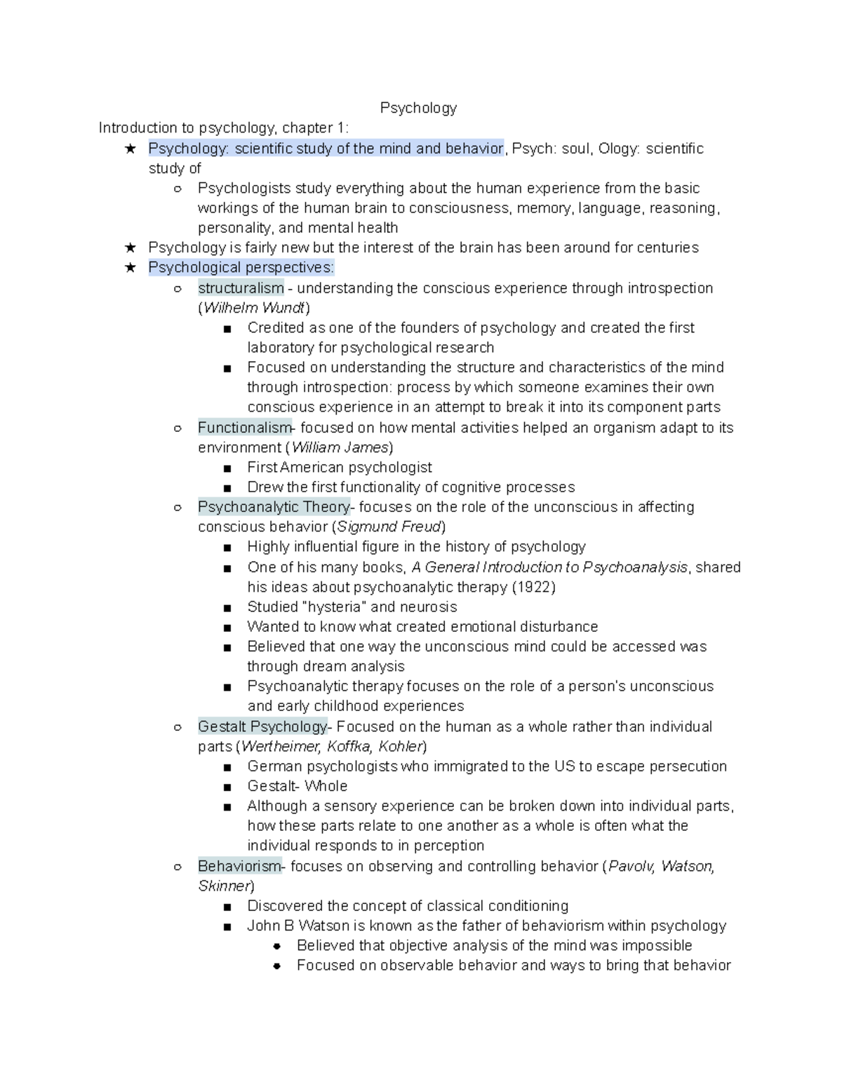 Psychology Notes 1 - Psychology Introduction To Psychology, Chapter 1 ...