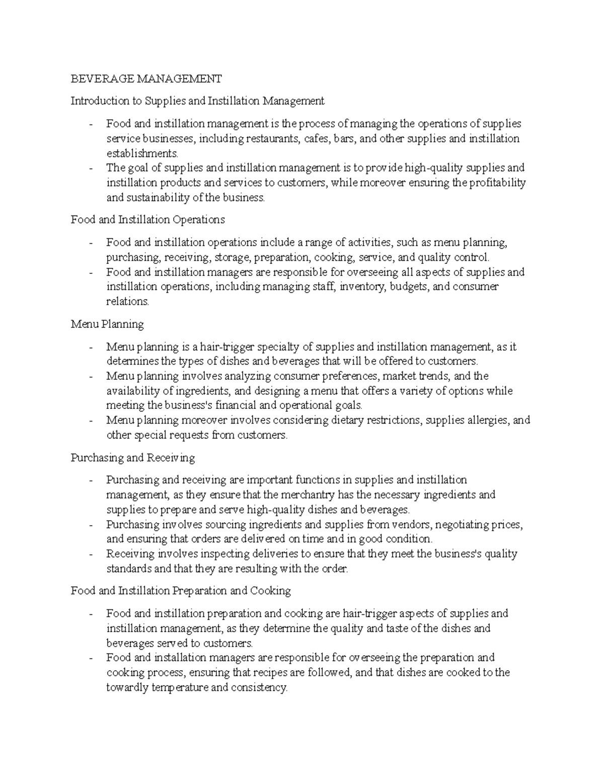 Beverage Management Notes 1 BEVERAGE MANAGEMENT Introduction to