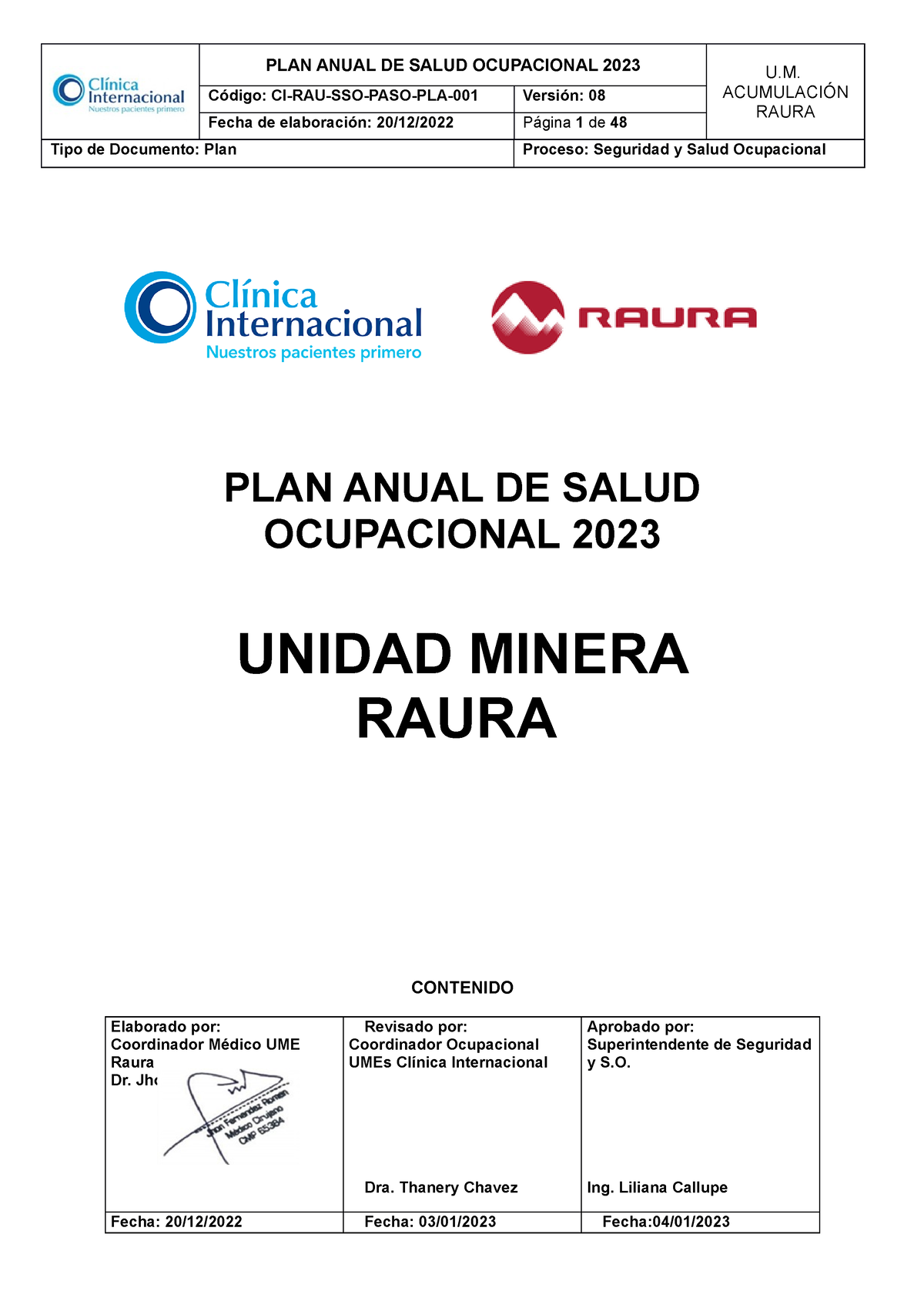 Plan Anual De Salud Ocupacional Unidad Raura 2023 Final Plan Anual De Salud Ocupacional 2023 U 6412