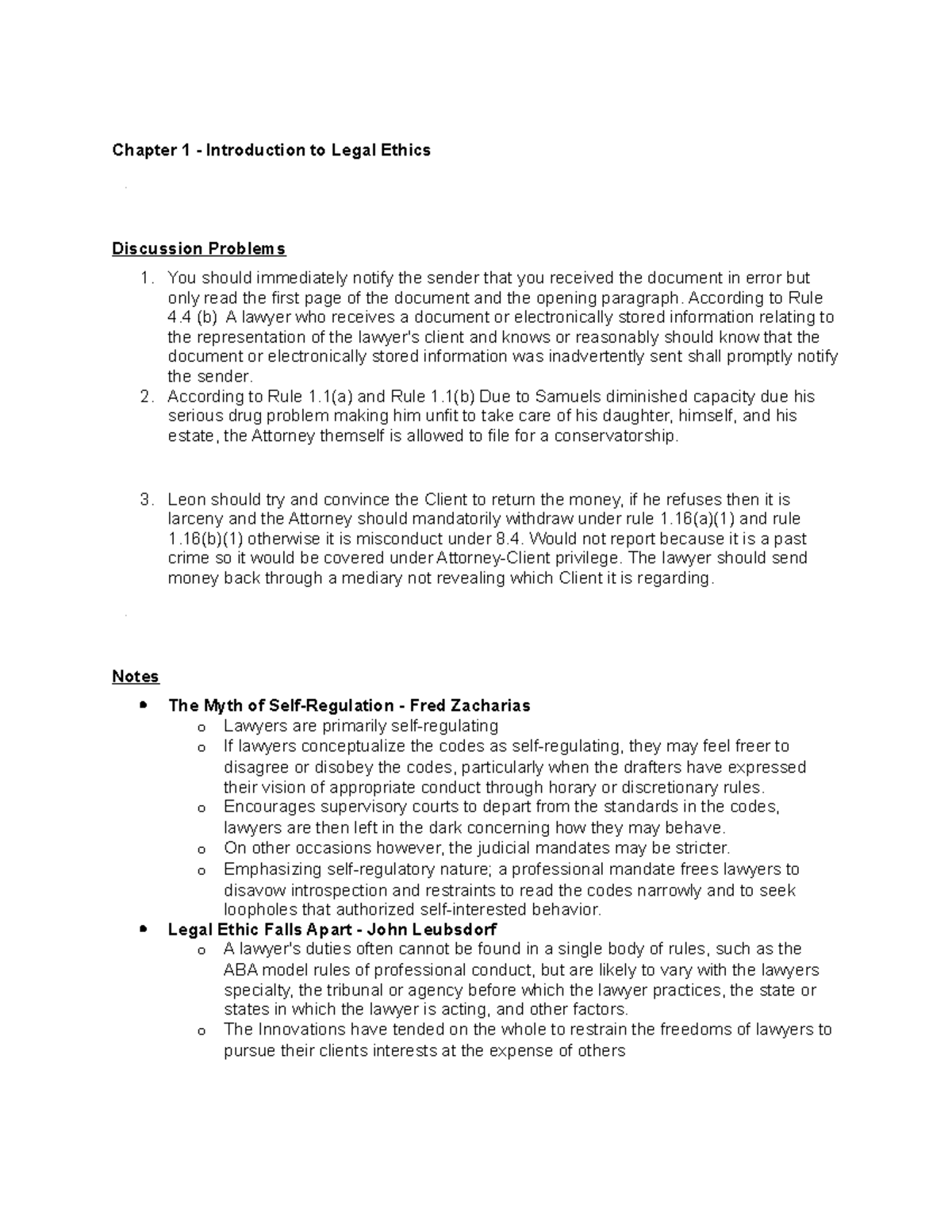 Professional Resp notes Chapter 1 Introduction to Legal Ethics