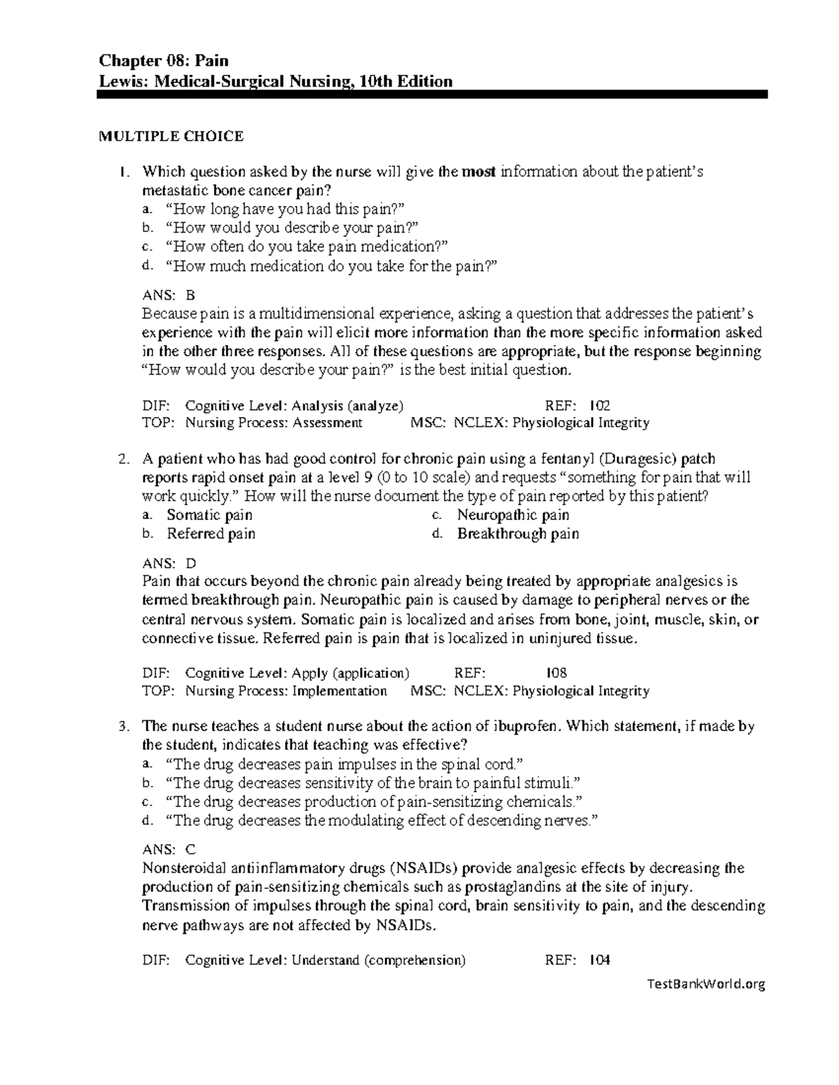 CH 8 Pain - Study Guide - Chapter 08: Pain Lewis: Medical-Surgical ...