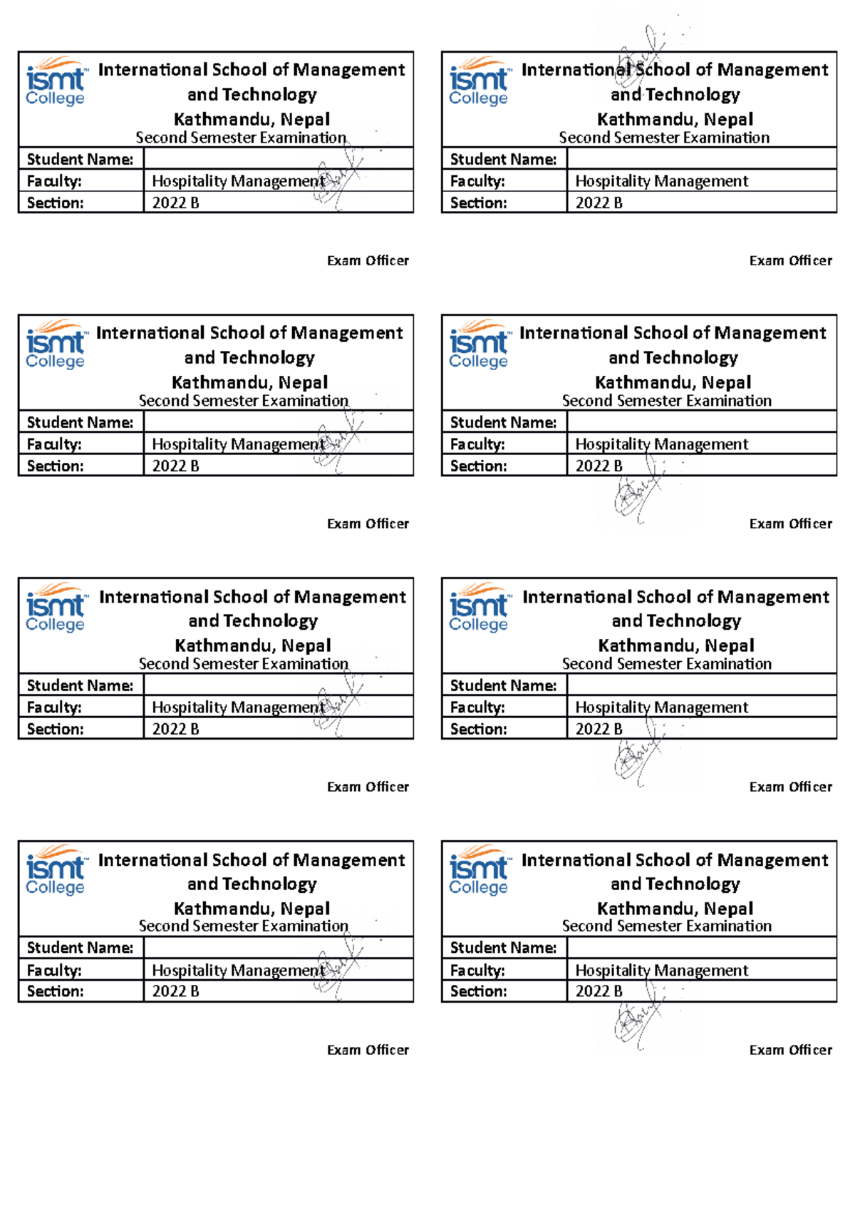 Admit Card sample - Copy - Second Semester Examination Student Name ...