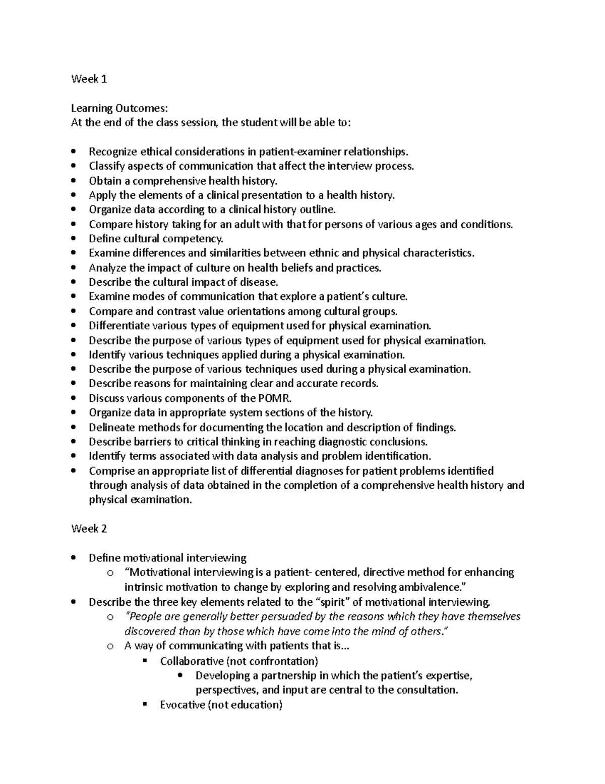 Health Assessment Exam 1 Learning Outcomes - Week 1 Learning Outcomes ...