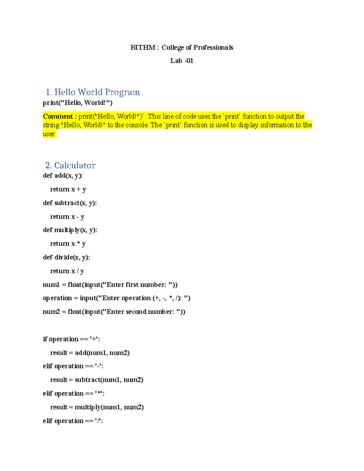 Python Lab - BITHM : College of Professionals Lab - 1. Hello World ...
