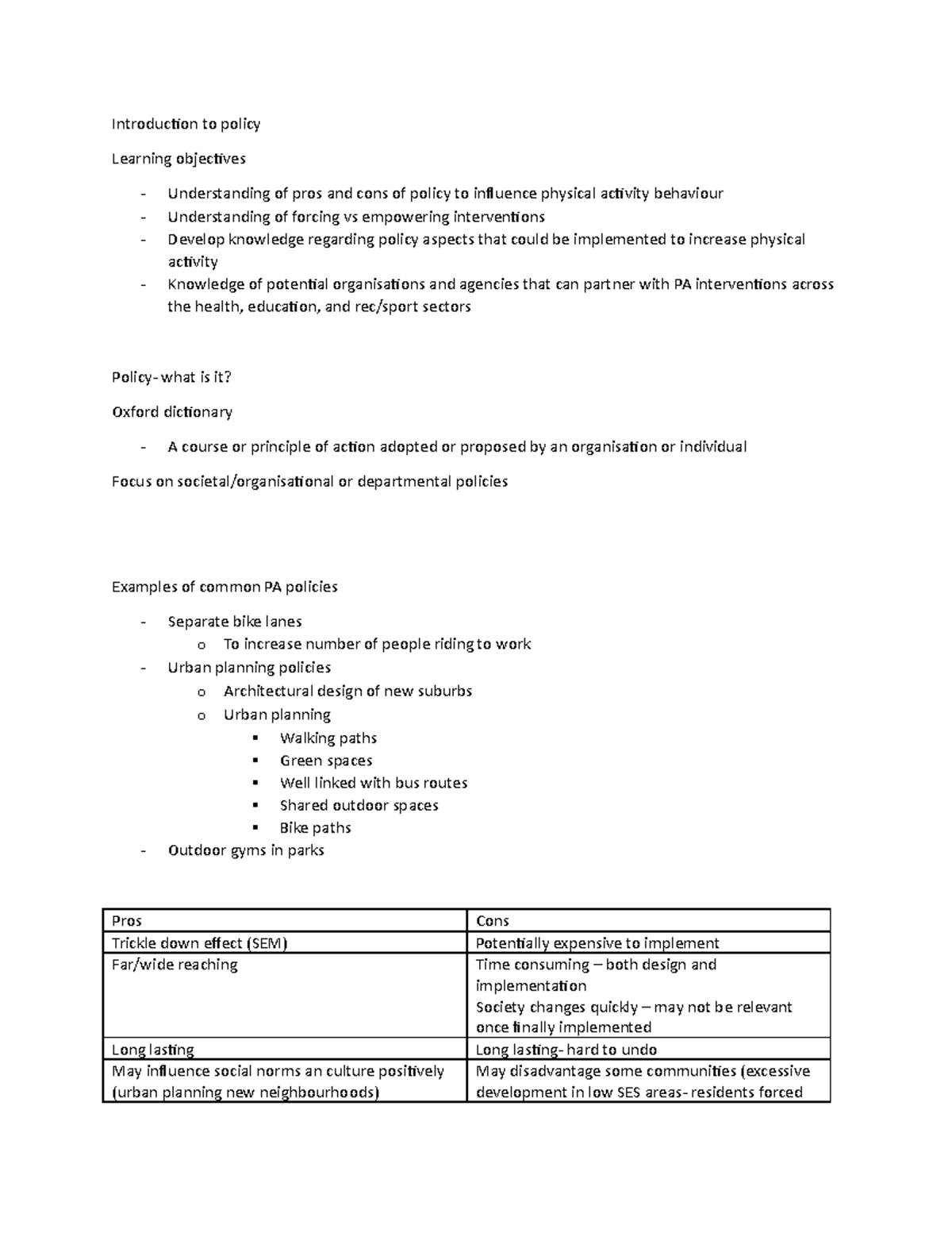 Policy lecture notes - Introduction to policy Learning objectives ...