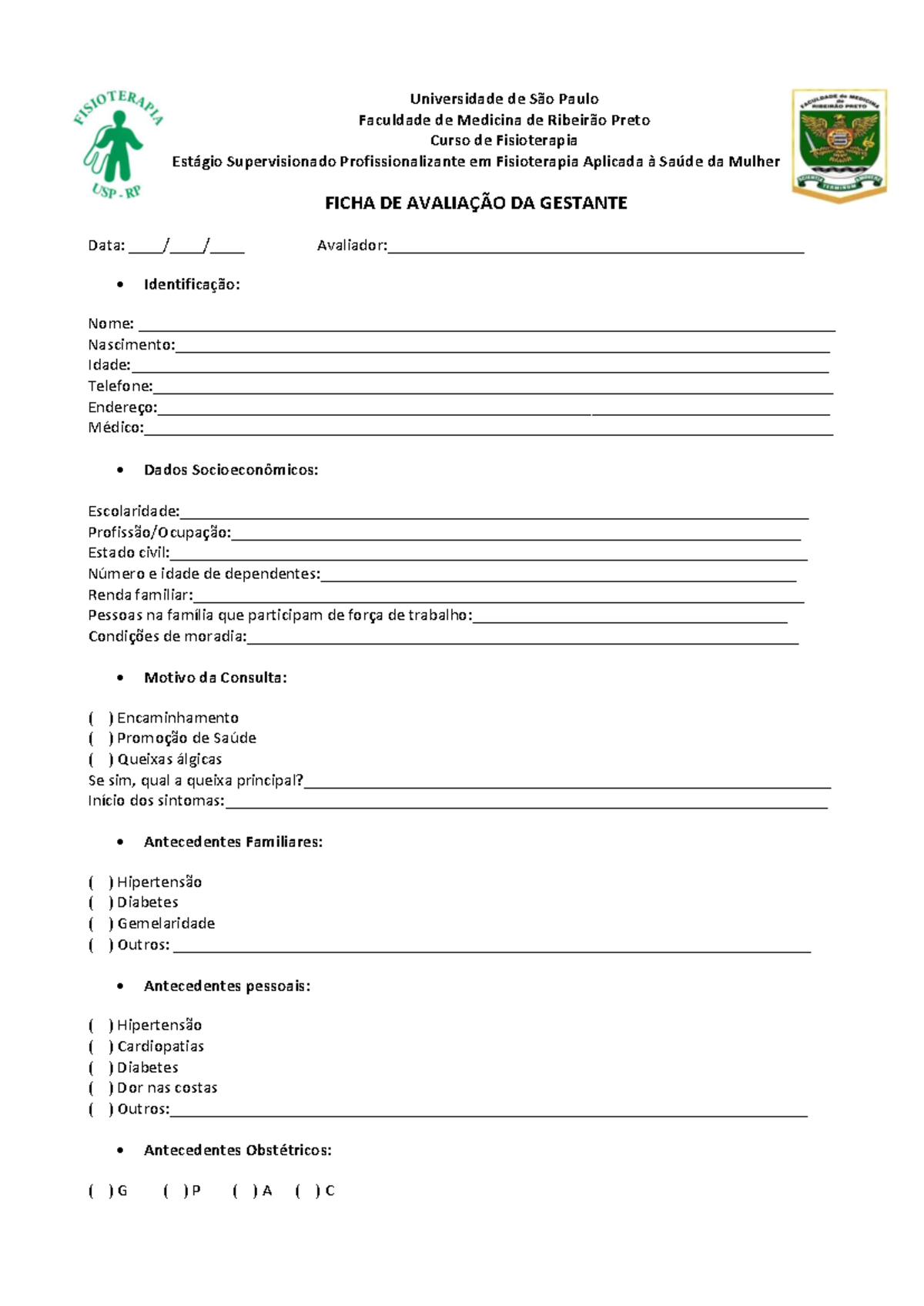 Ficha de avaliação - Gestante - Universidade de São Paulo Faculdade de ...