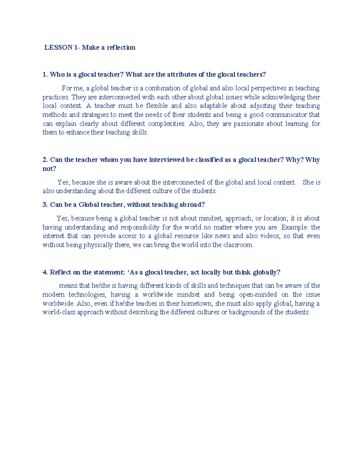 Lesson 1 - notes - LESSON 1- Make a reflection Who is a glocal teacher ...
