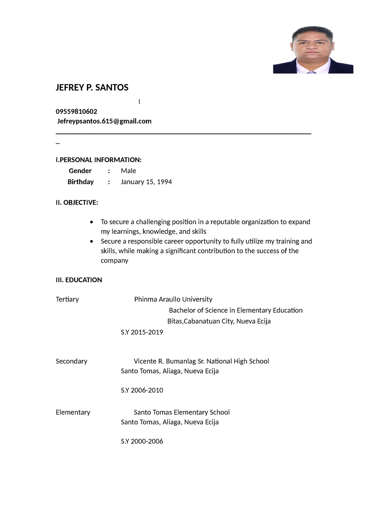 Jefrey- Resume - Assessment - JEFREY P. SANTOS L 09559810602 ...