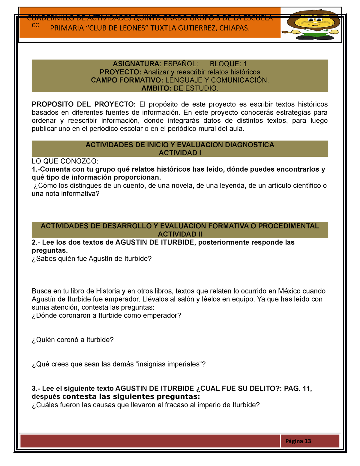 Cuadernillo Leoncitos Español Primer Bimestre 5B-13-14 - CUADERNILLO DE  ACTIVIDADES QUINTO GRADO - Studocu