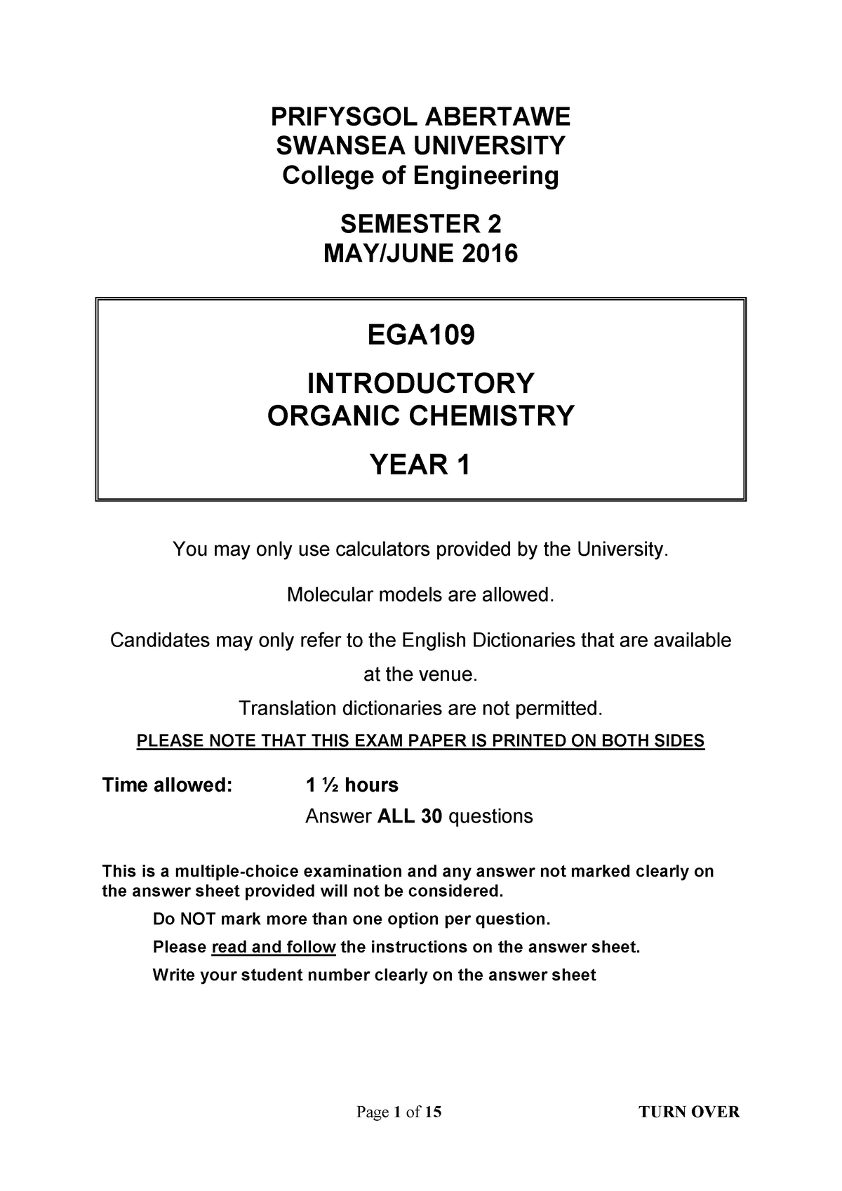 Exam 2016 Questions Prifysgol Abertawe Swansea University College Of