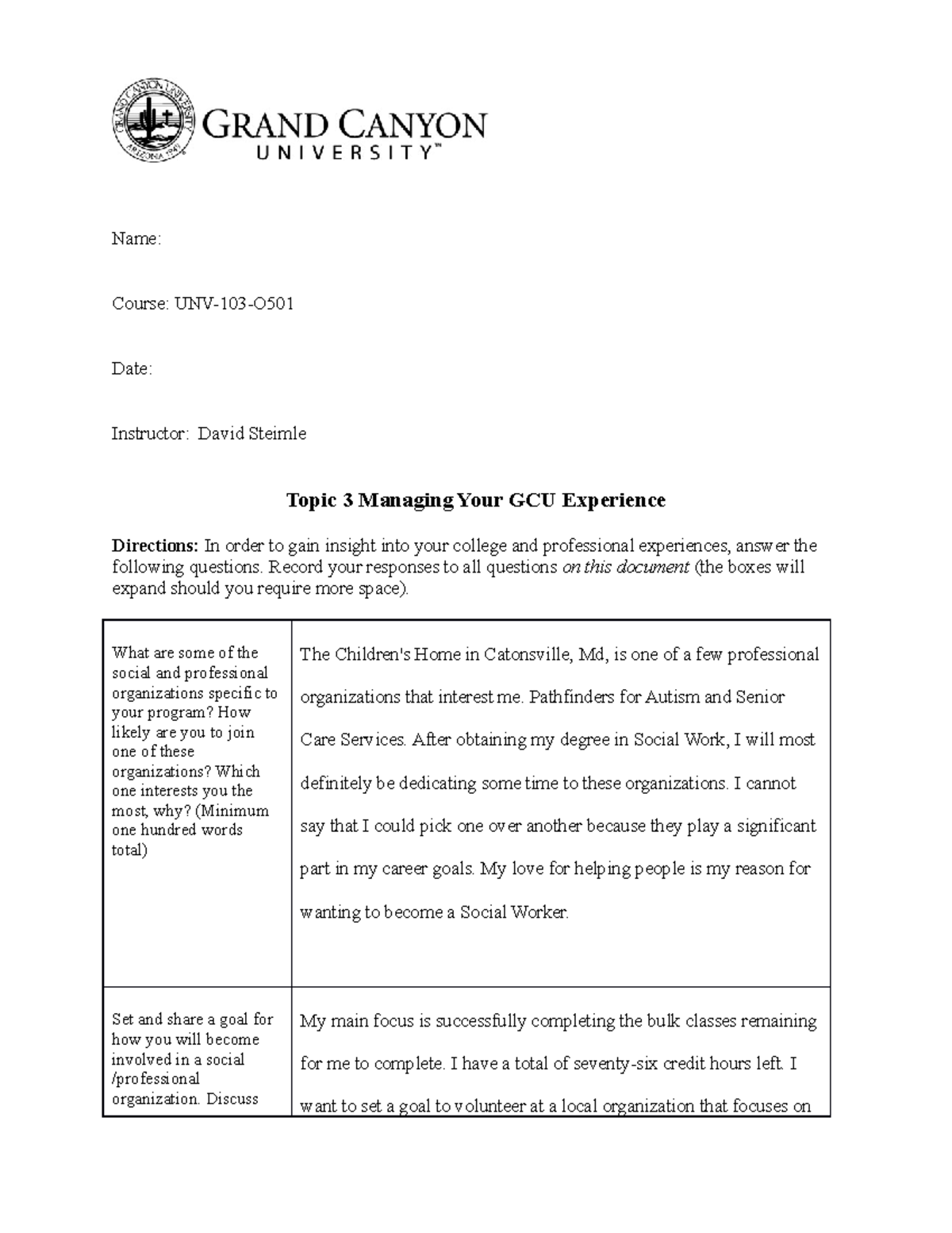 Unv 103 T3 Your Gcu Experience Online Name Course Unv 103 O Date