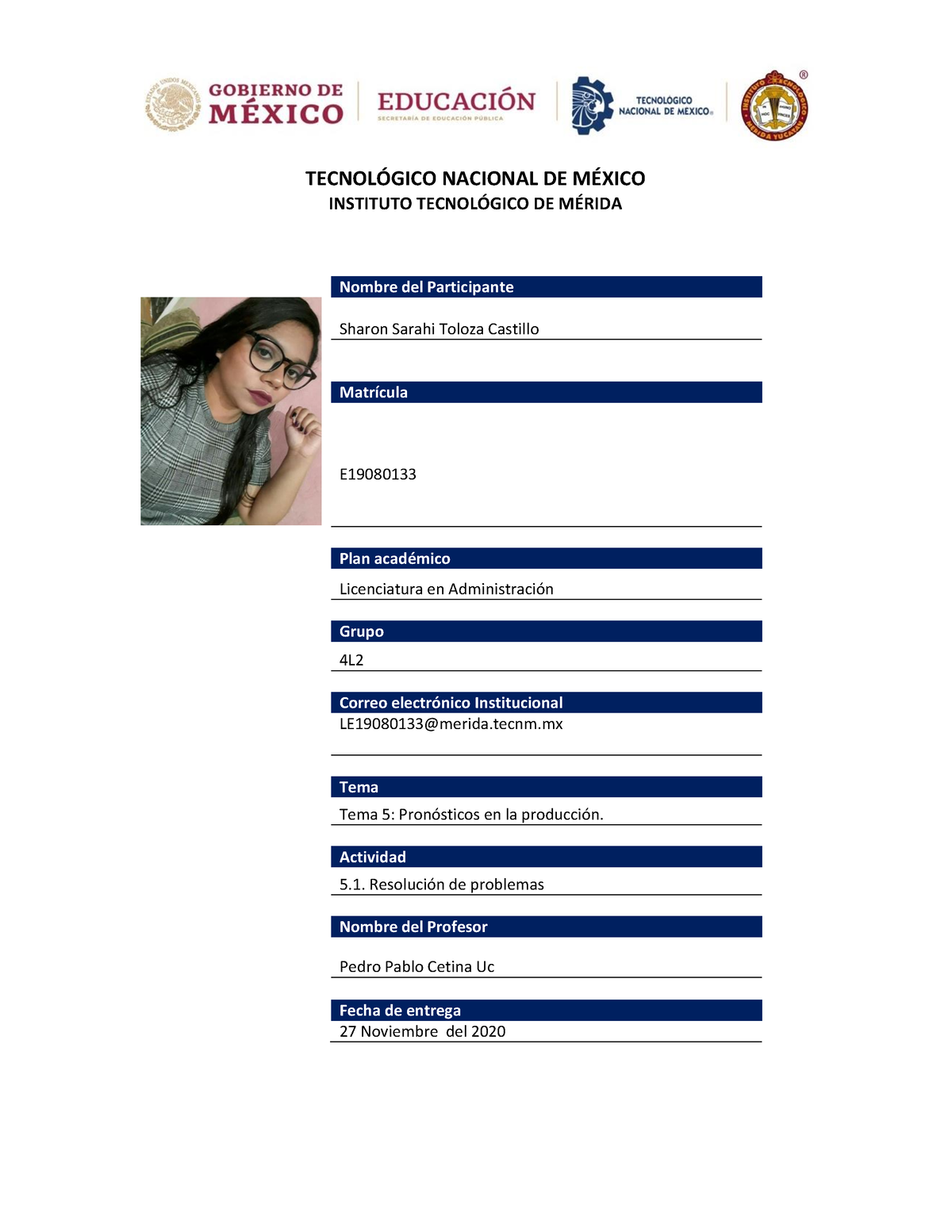 Ejercicios U5 - Actividades - INSTITUTO TECNOL”GICO DE M.. Nombre Del ...