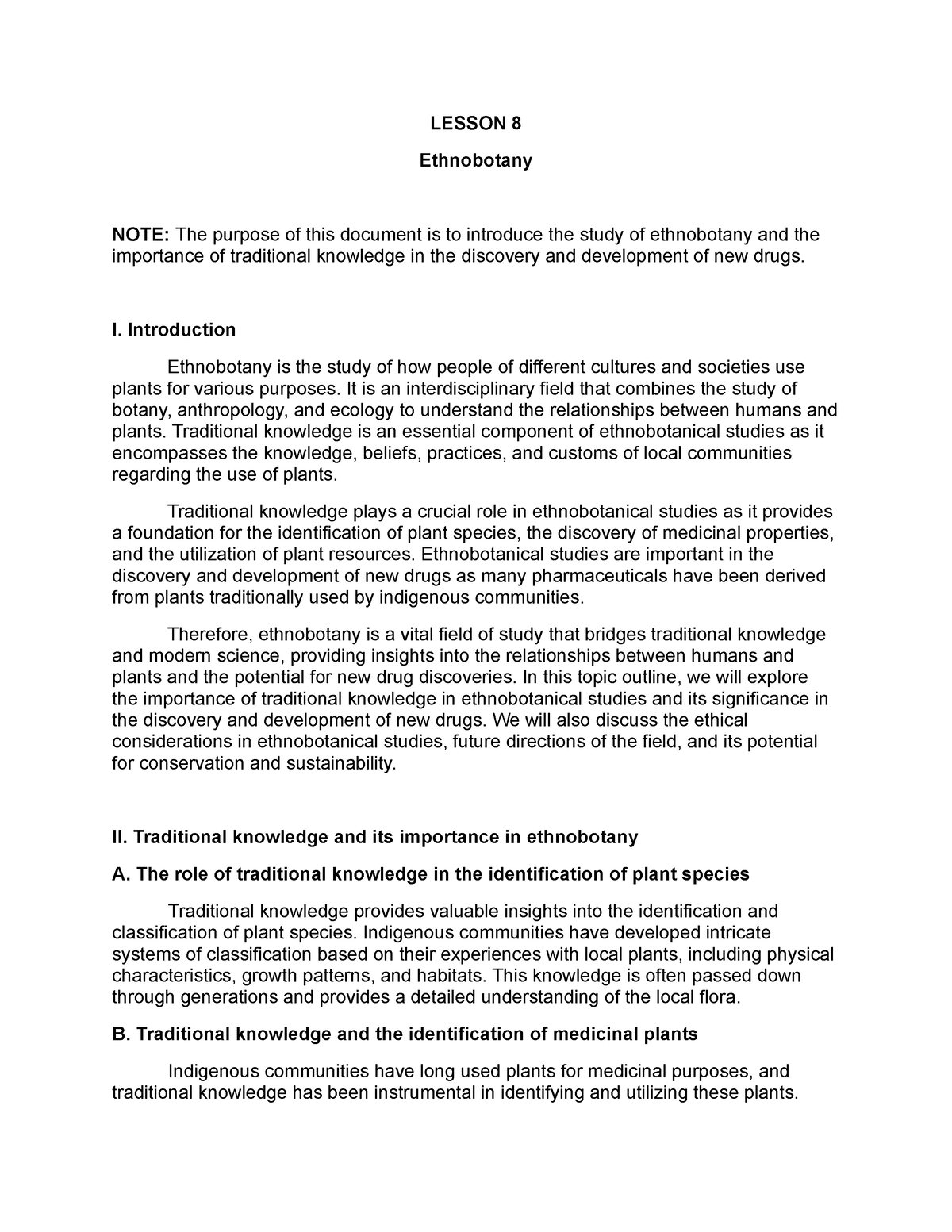 Lesson 8: Ethnobotany - LESSON 8 Ethnobotany NOTE: The purpose of this ...