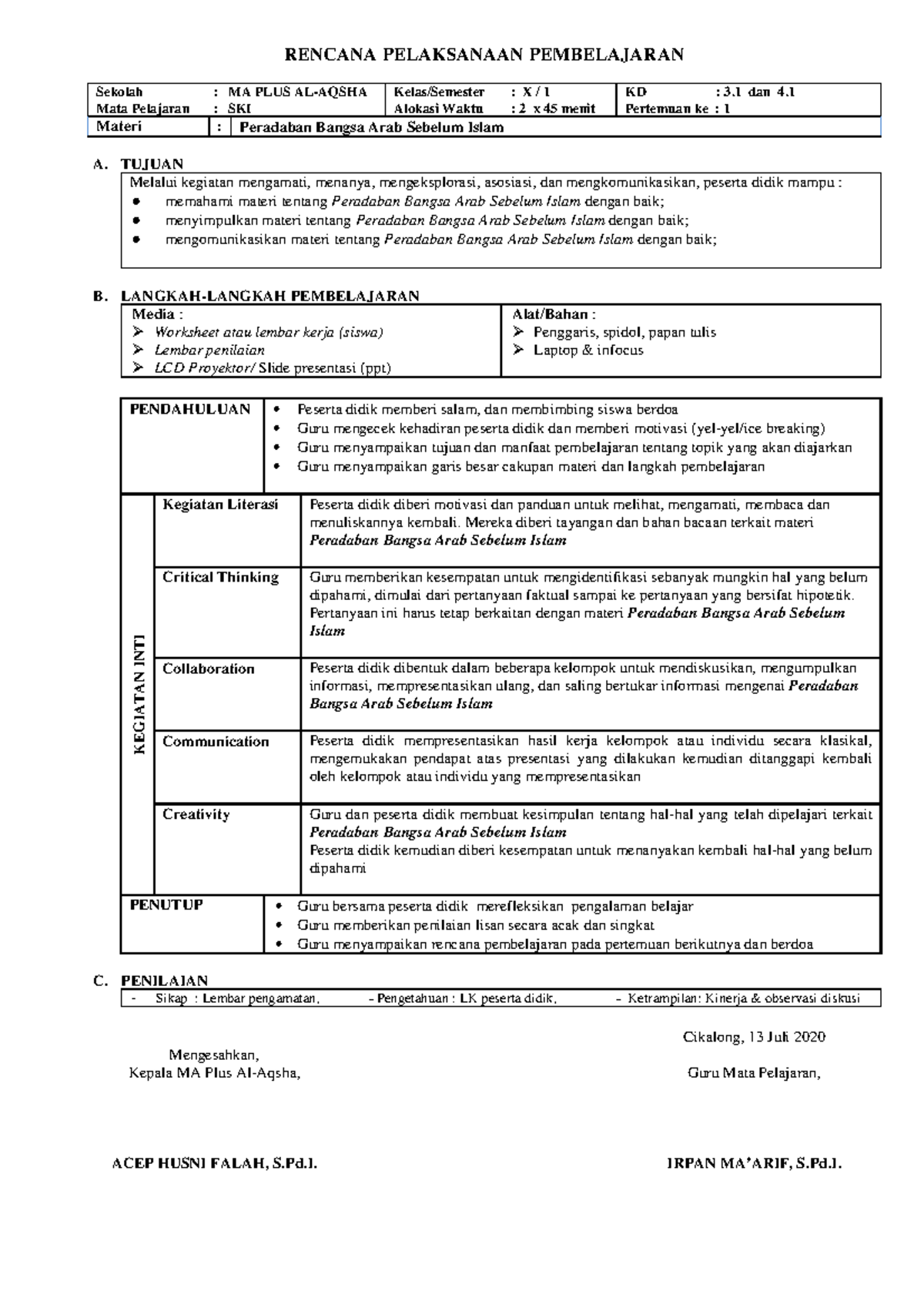 06 rpp 1 lembar ski kelas 10 kd 01 - RENCANA PELAKSANAAN PEMBELAJARAN ...