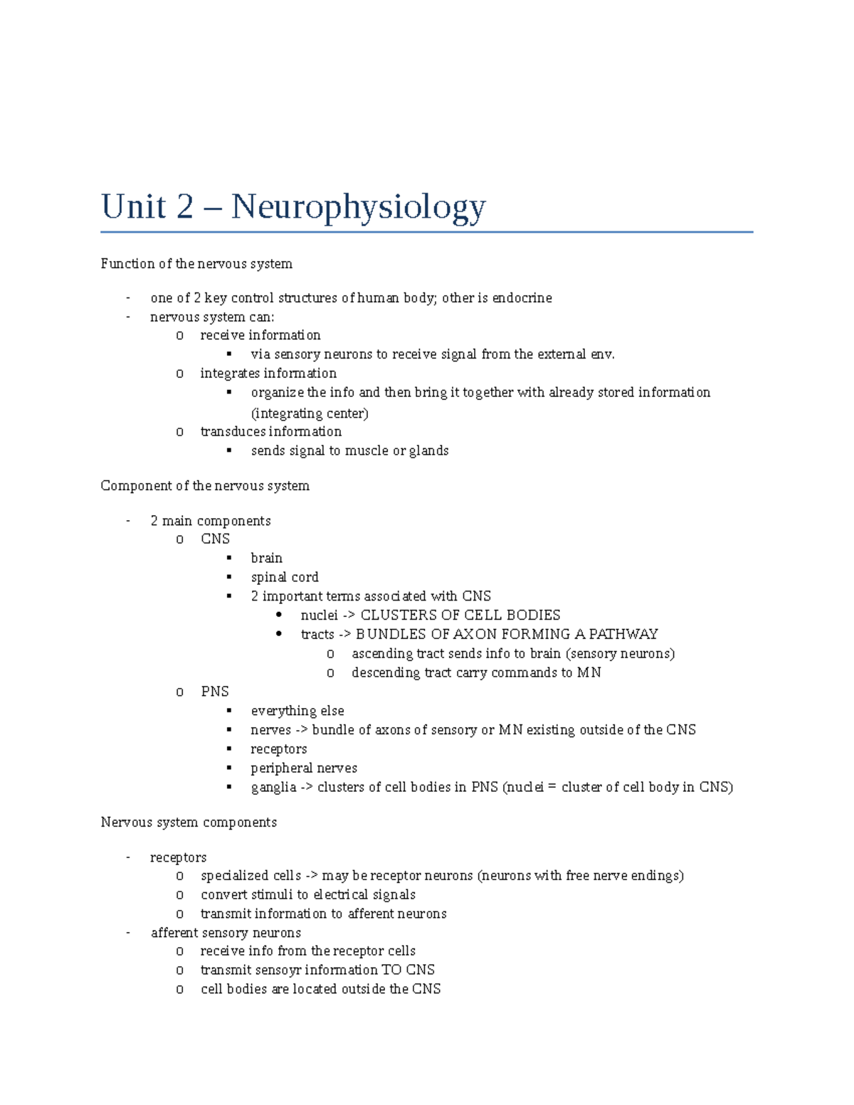BIOL273 Unit 2 - lecture notes - Unit 2 – Neurophysiology Function of ...