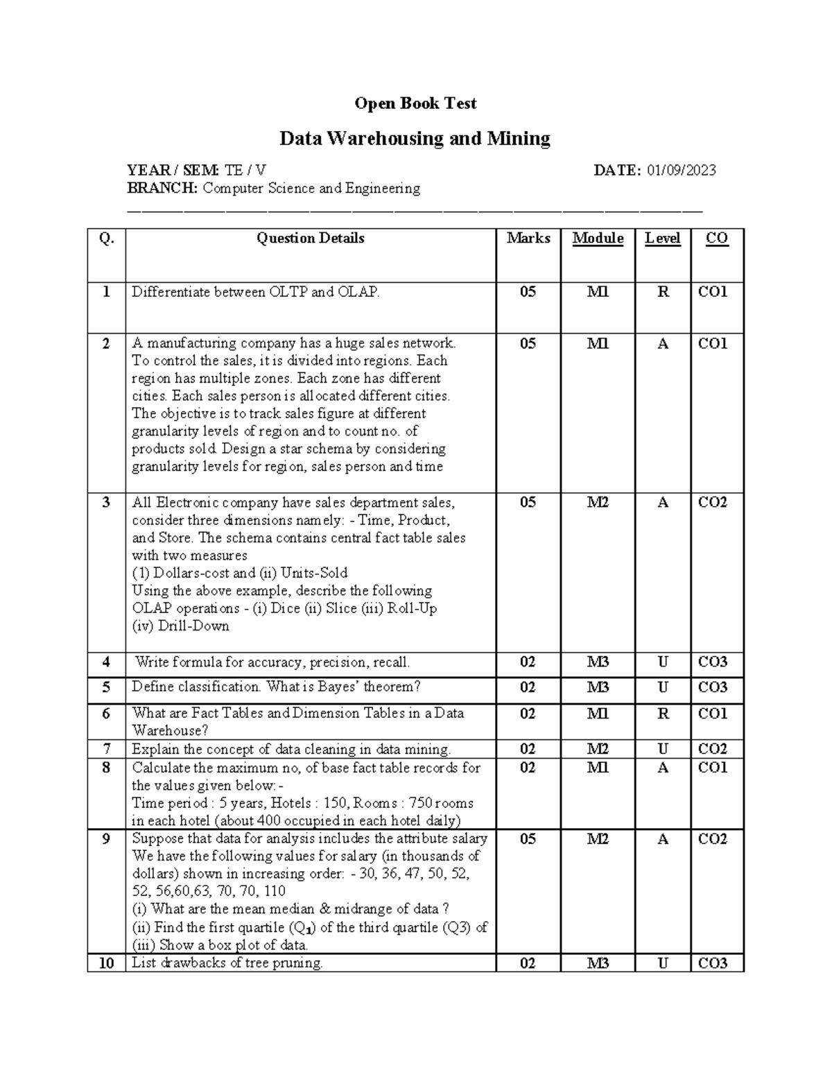 OBT - Open Book test of dwhm - Open Book Test Data Warehousing and ...