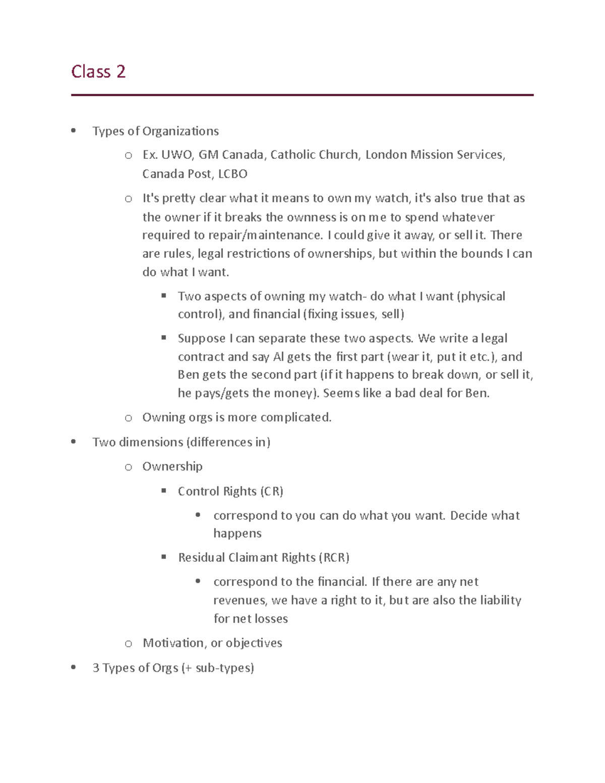 Econ class notes - Al Slivinski - Class 2 Types of Organizaions o Ex ...