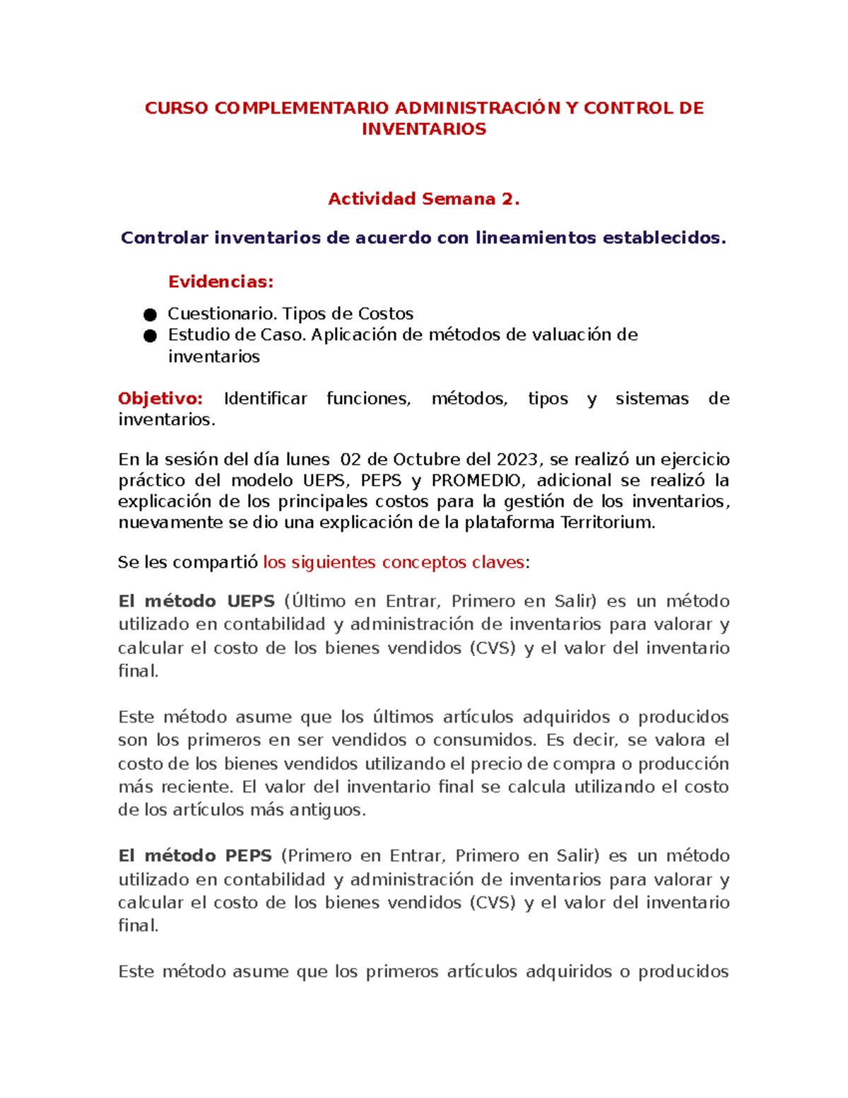 Control de Inventarios - CURSO COMPLEMENTARIO ADMINISTRACIÓN Y CONTROL ...