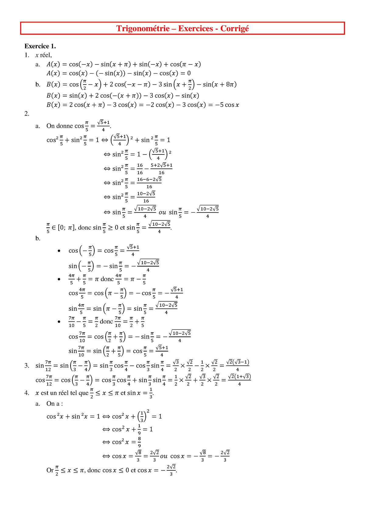 Ts - Trigonomtrie - Corrig - Exercice 1. 1. X Réel, A