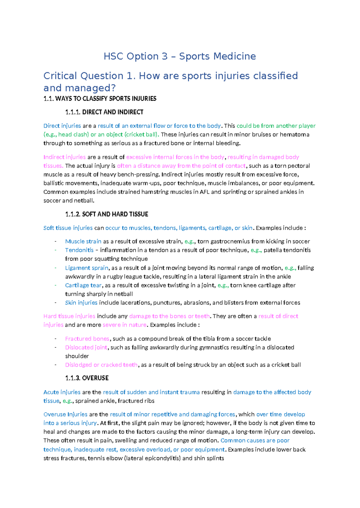 Pdhpe HSC Option Sports Med All Notes HSC Option 3 Sports