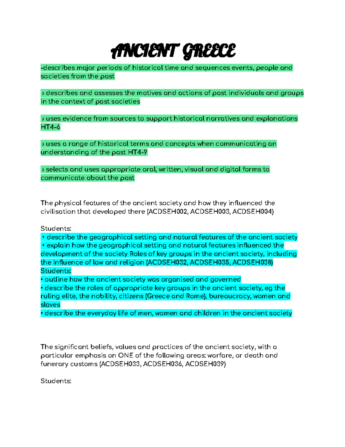 History syllabus ANCIENT GREECE describes major periods of