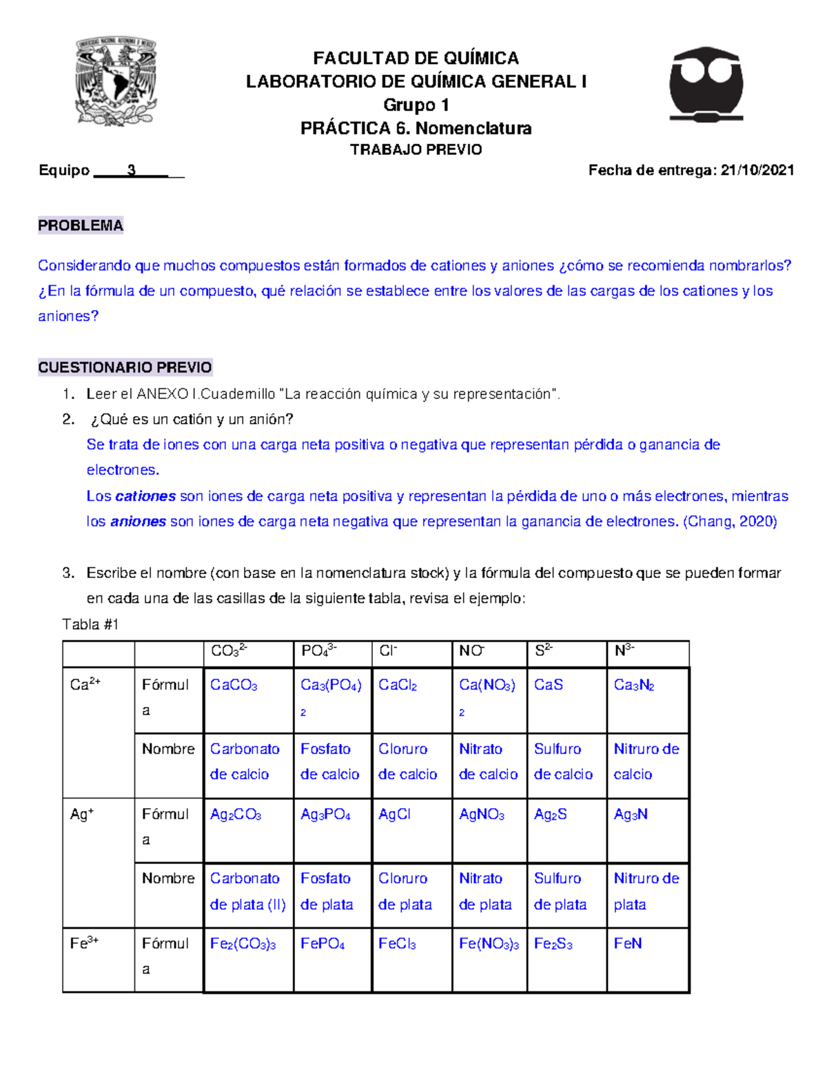 Trabajo Previo Practica 6 - FACULTAD DE QUÍMICA LABORATORIO DE QUÍMICA ...