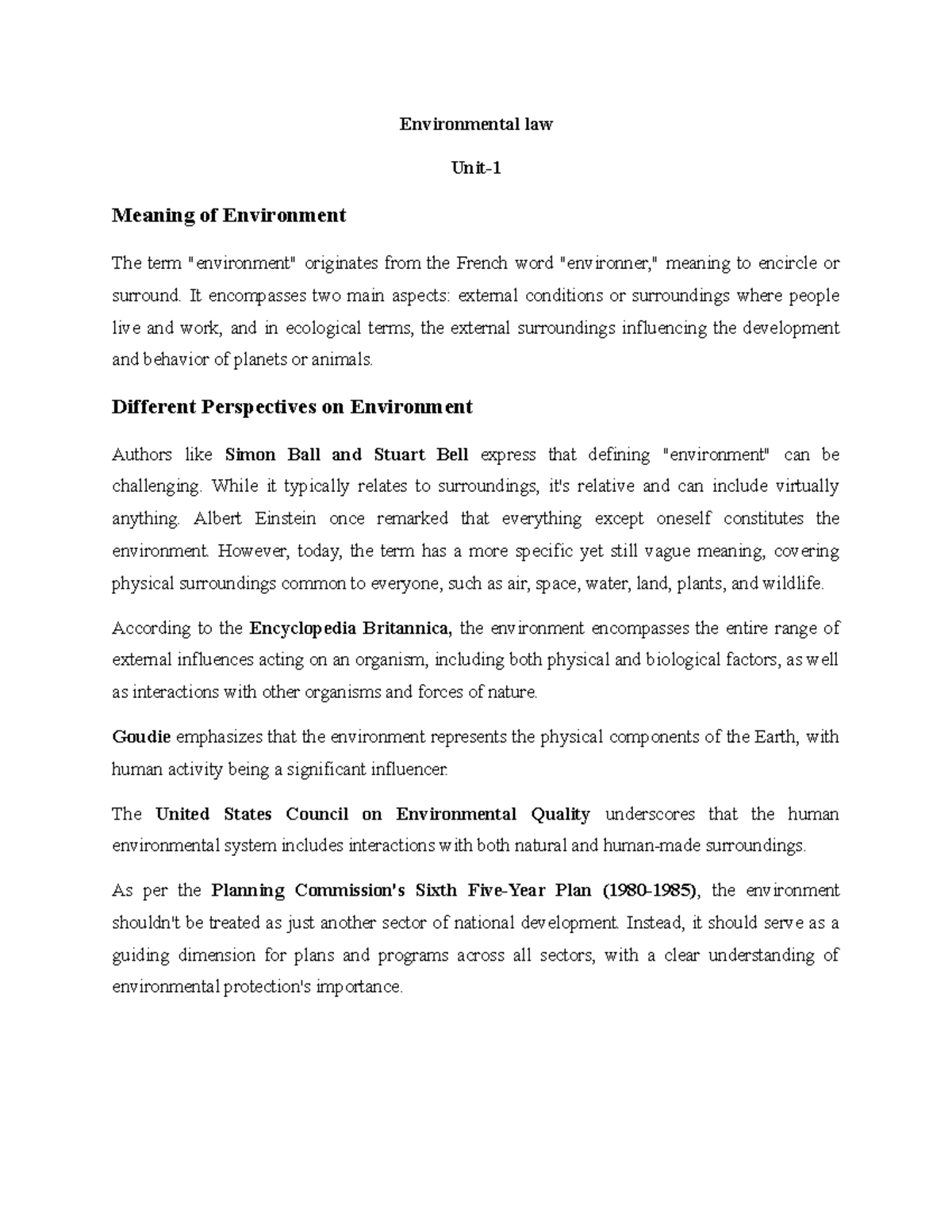 Environmental law - environment notes - Environmental law Unit- Meaning ...