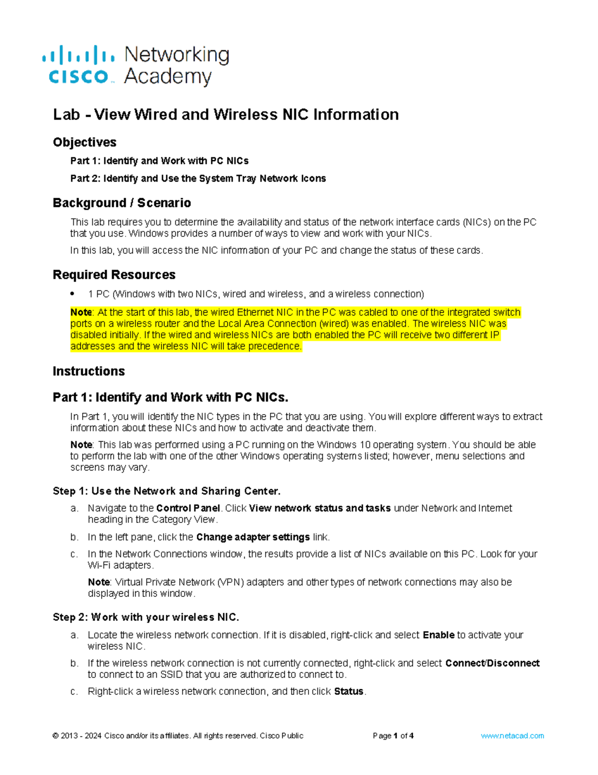 4.6.6 Lab - View Wired and Wireless NIC Information - Objectives Part 1 ...