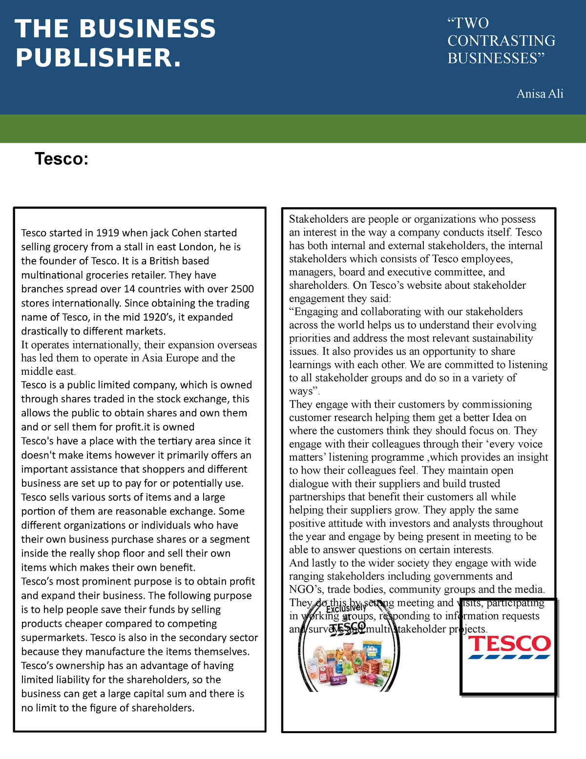 unit 1 exploring business assignment 1 tesco